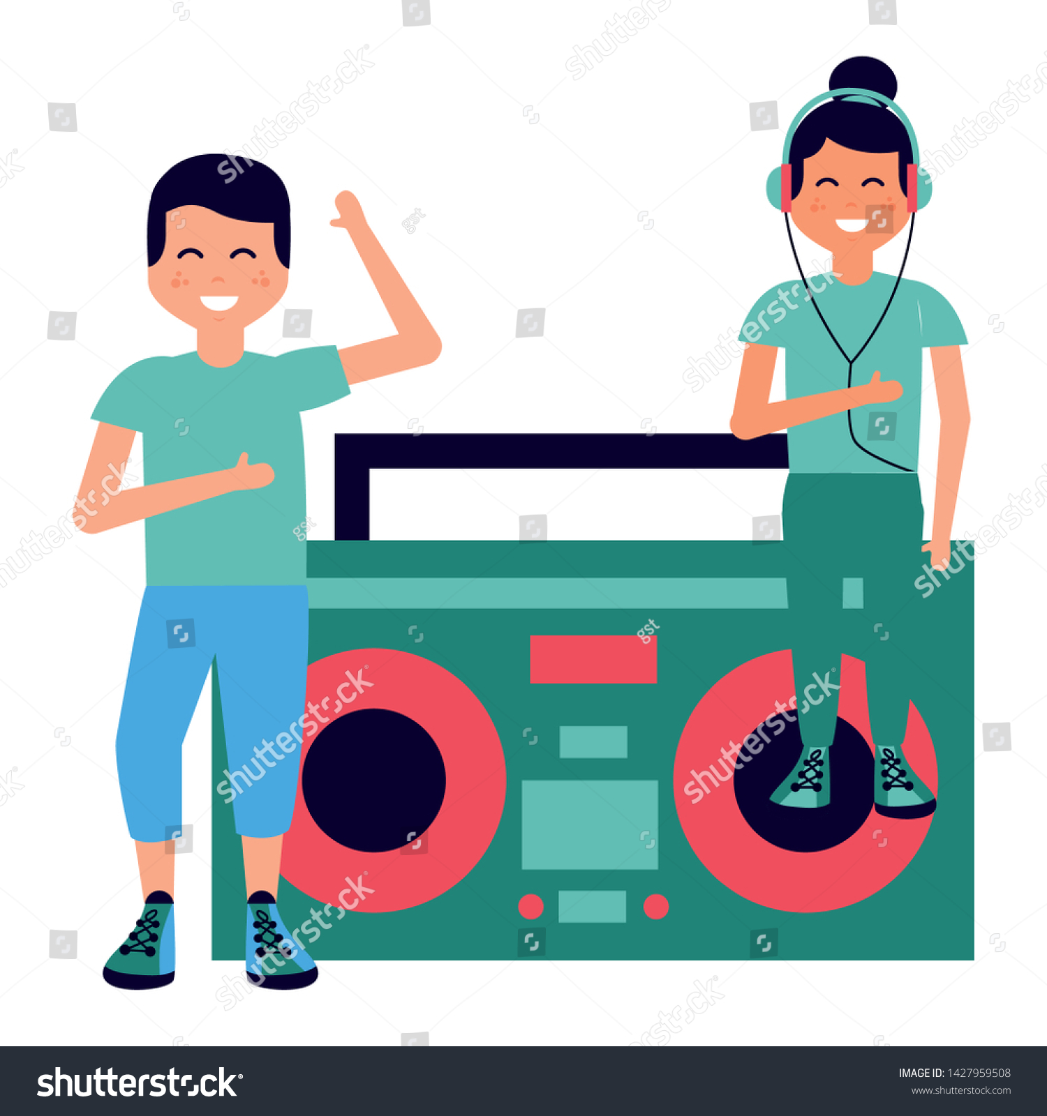 Girl Earphones Boy Dancing Radio Stereo Stock Vector (Royalty Free ...