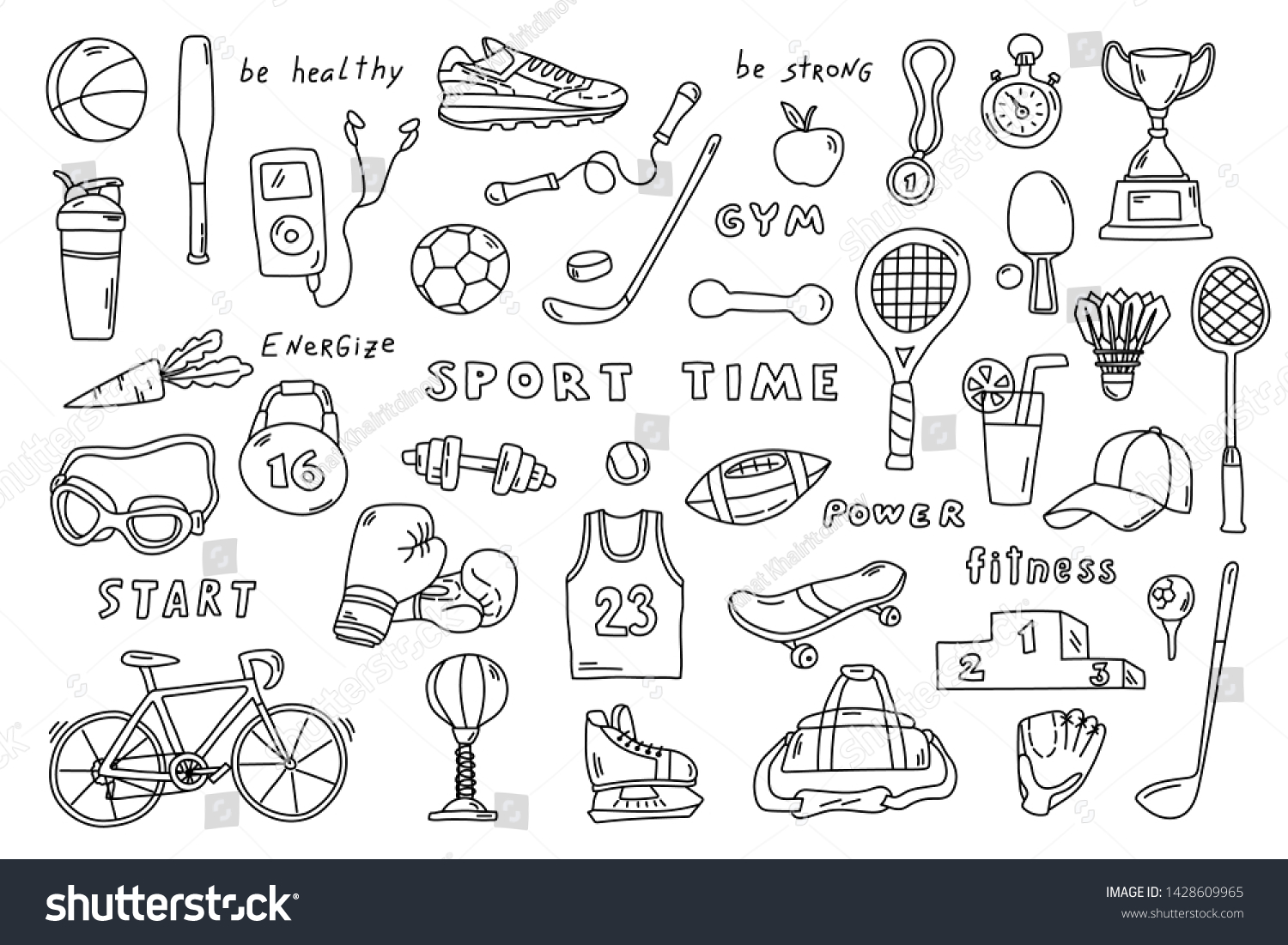 Set Sport Elements Lettering Funny Doodle Stock Vector (Royalty Free ...