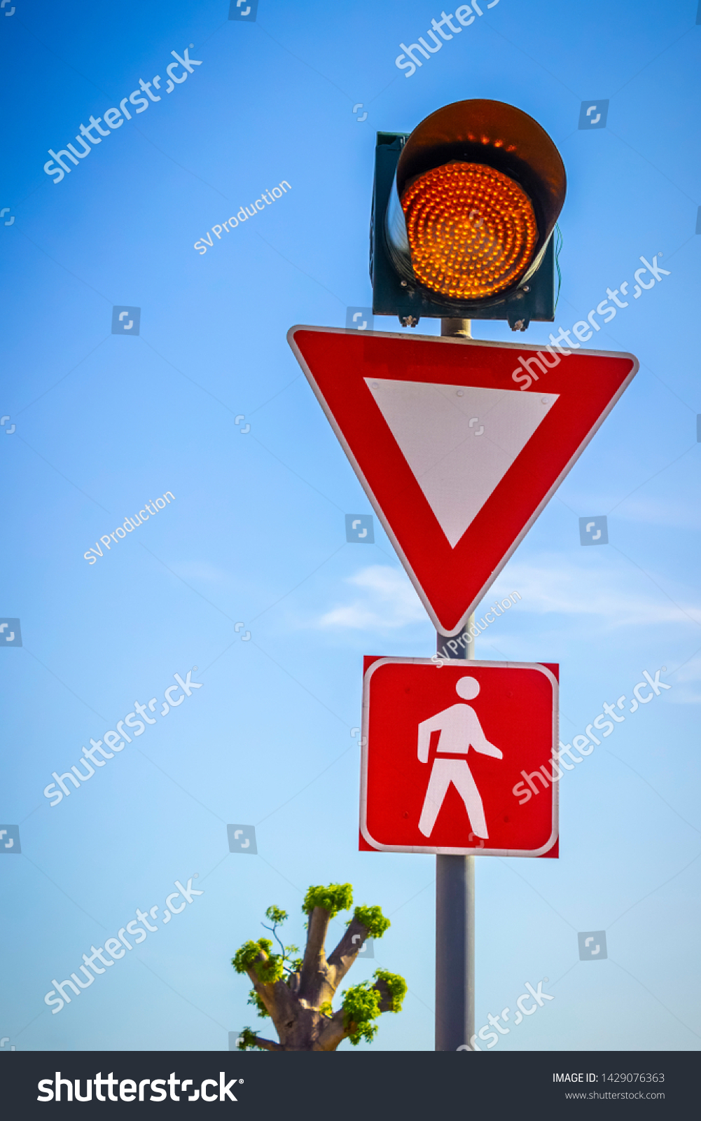 Traffic Signs Attract Attention Before Pedestrian Stock Photo ...