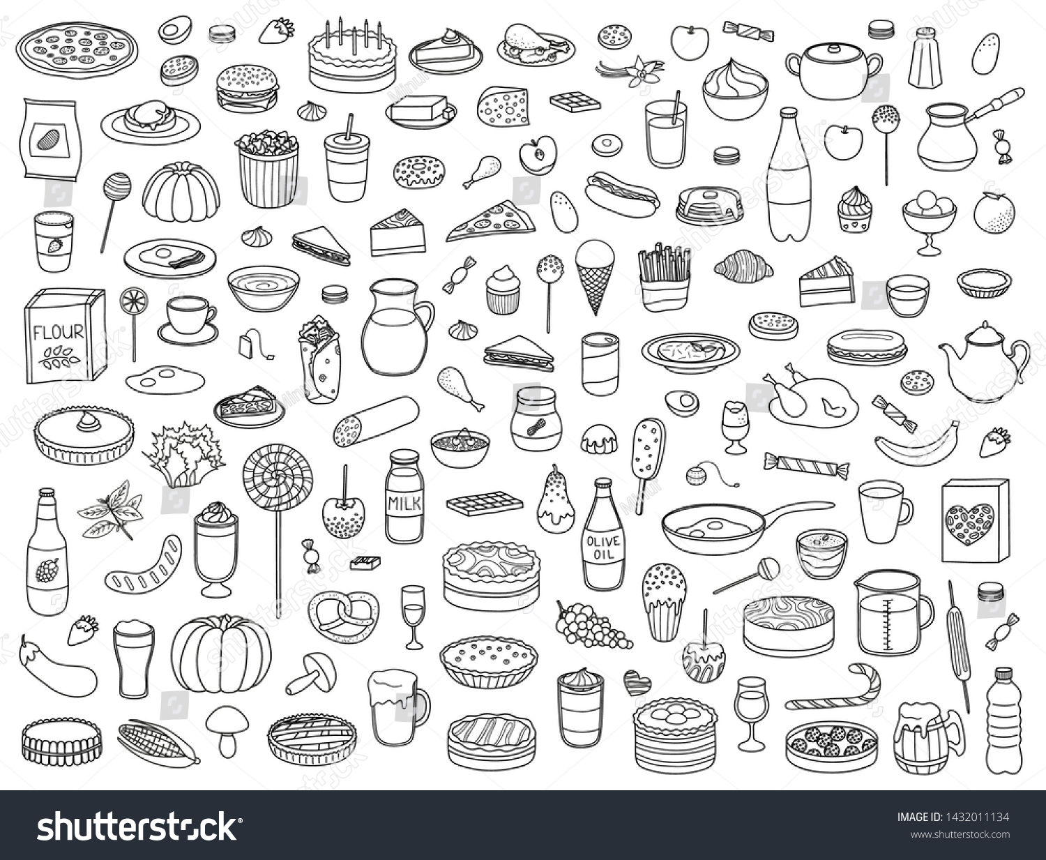 Big Set Doodle Outline Food Drink Stock Vector (Royalty Free ...