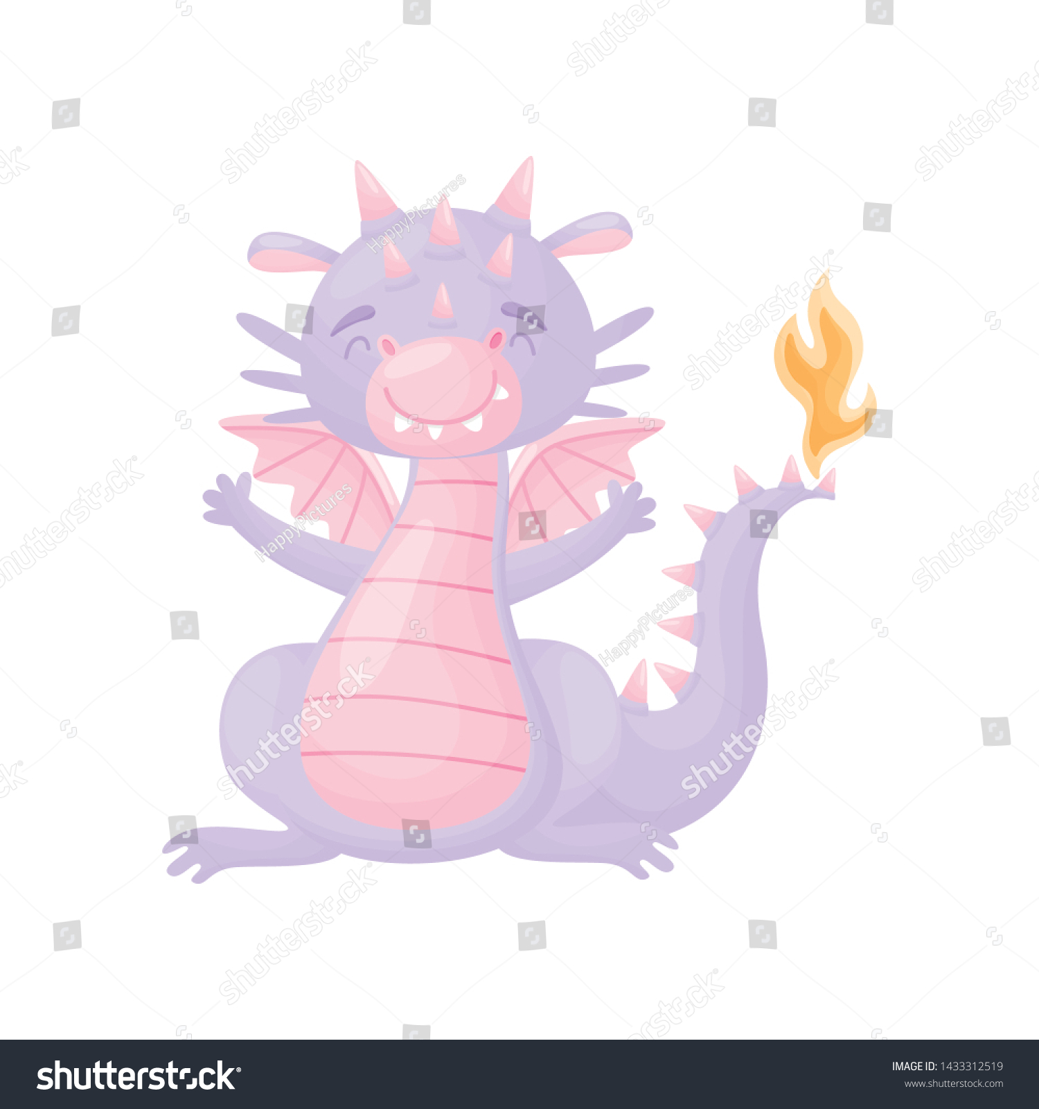 Cartoon Cute Lilac Dragon With Pink Wings Vector Illustration On White