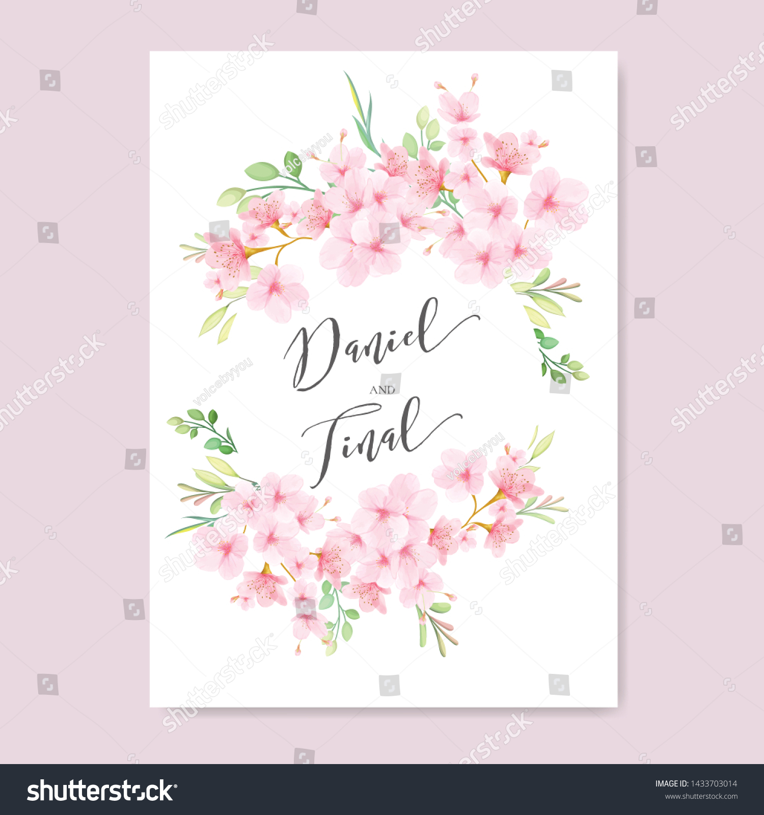 Cherry Blossom Wedding Invitation Card Template Stock Vector (Royalty