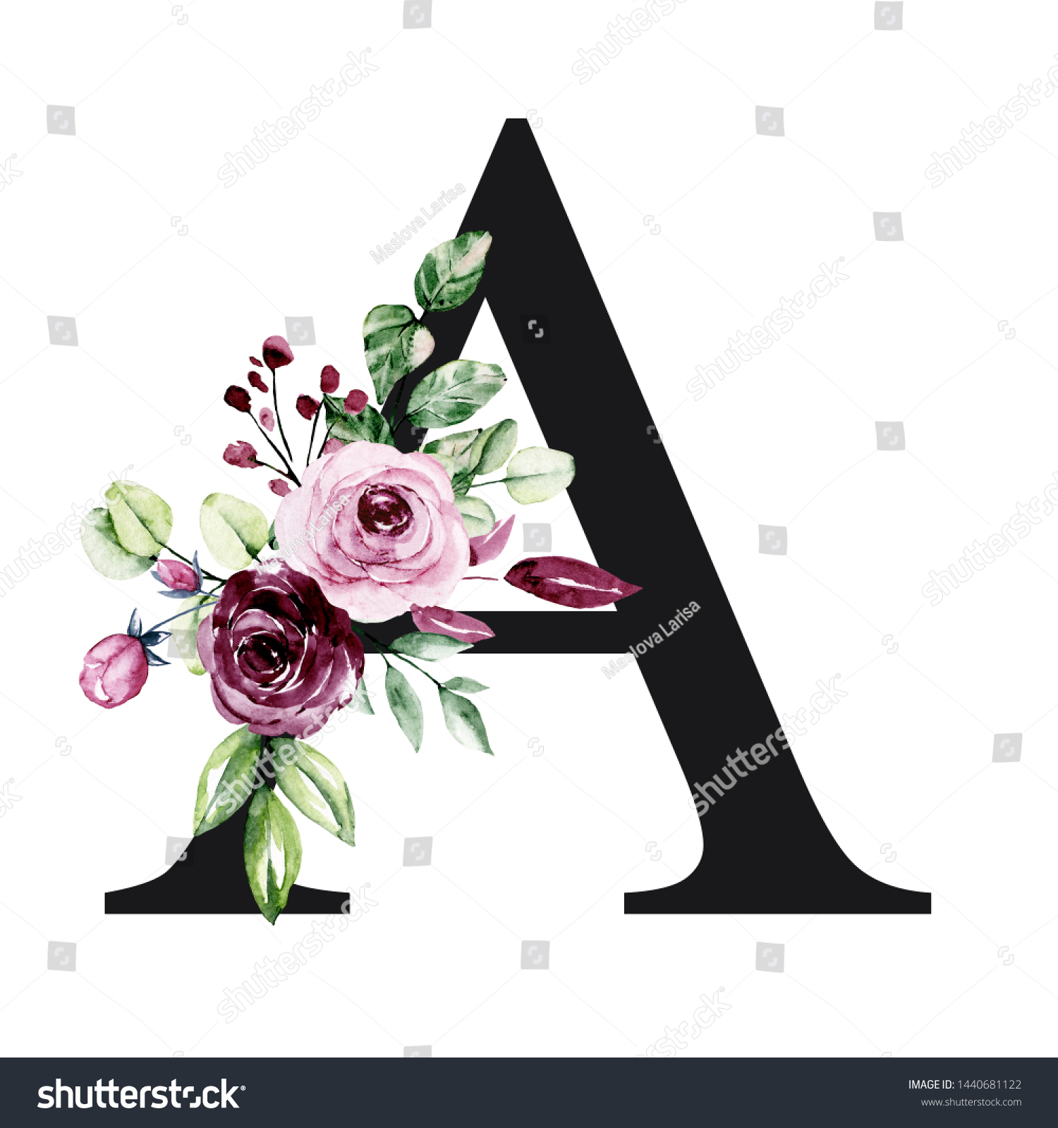 Floral Alphabet Letter Watercolor Flowers Leaves Stock Illustration ...