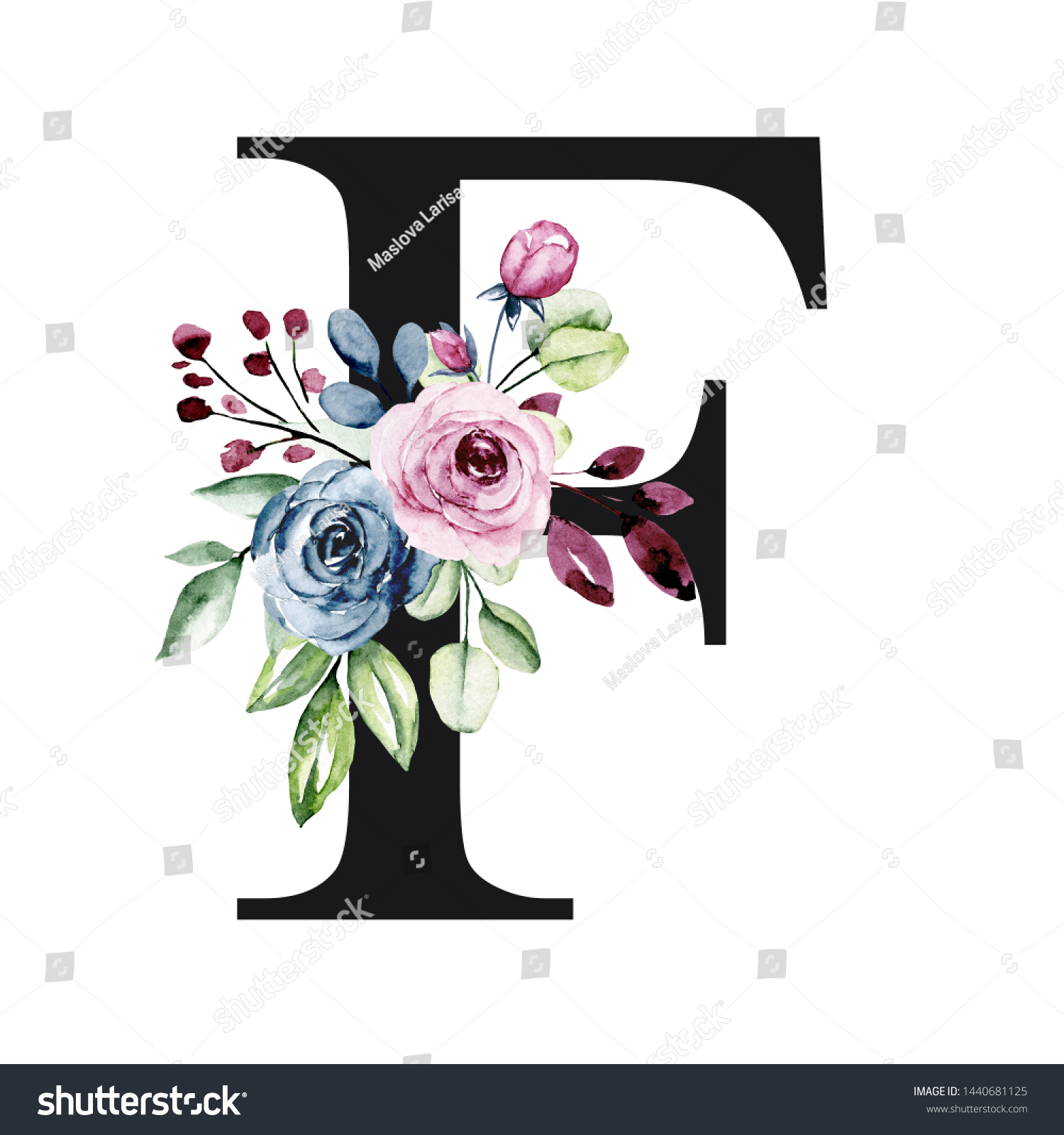 Floral Alphabet Letter F Watercolor Flowers Stock Illustration ...