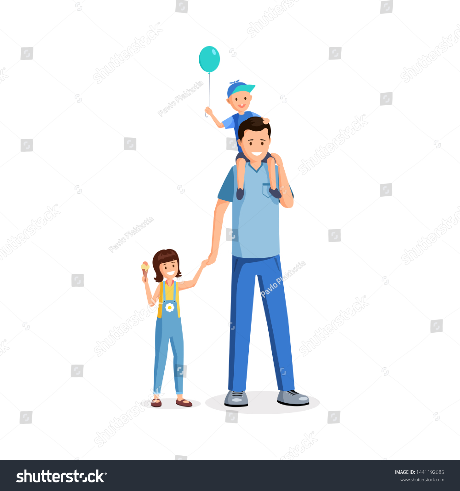 Father Standing Kids Flat Vector Illustration Stock Vector (Royalty ...