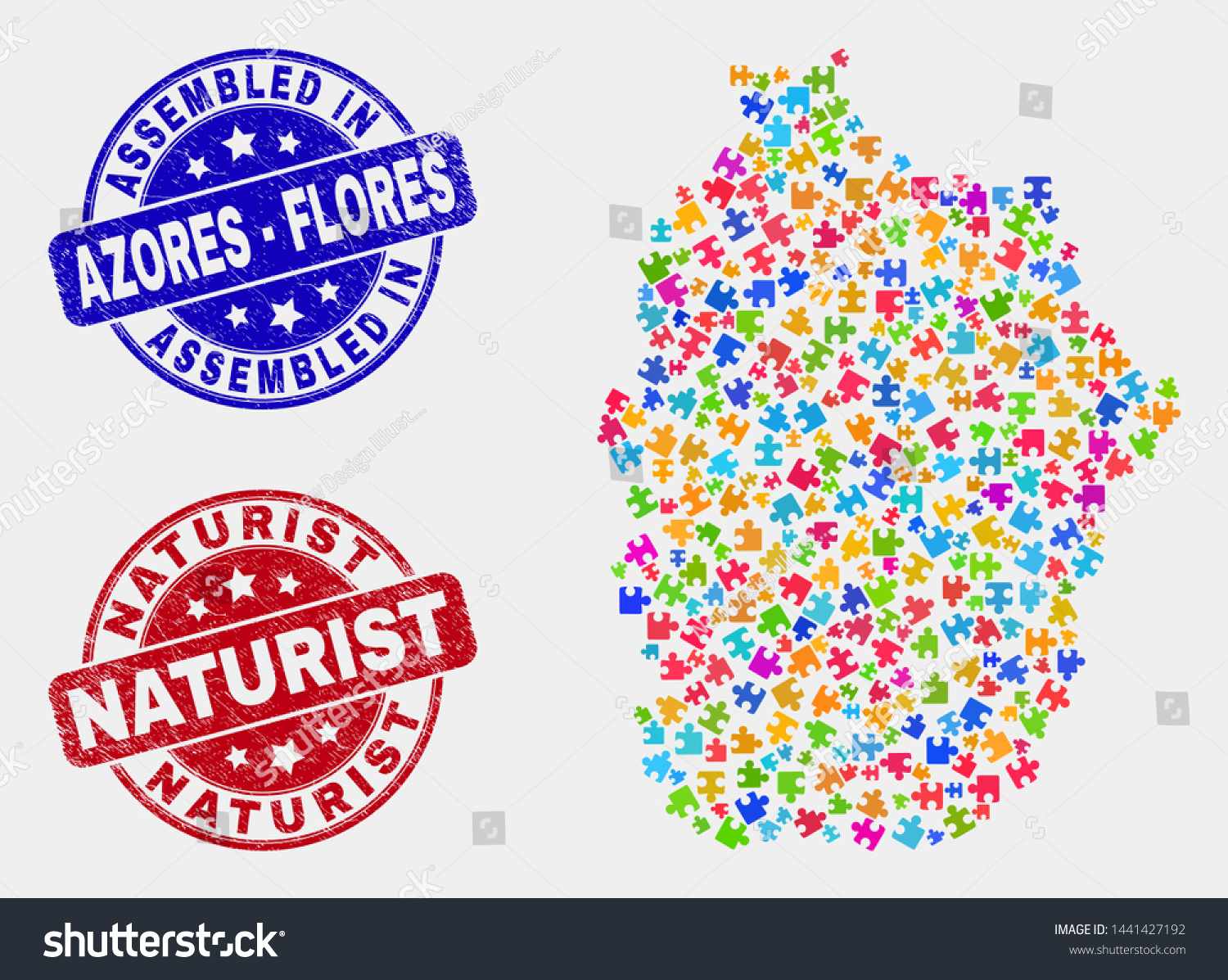 Module Flores Island Azores Map Blue Stock Vector Royalty Free   Stock Vector Module Flores Island Of Azores Map And Blue Assembled Seal Stamp And Naturist Distress Seal Stamp 1441427192 