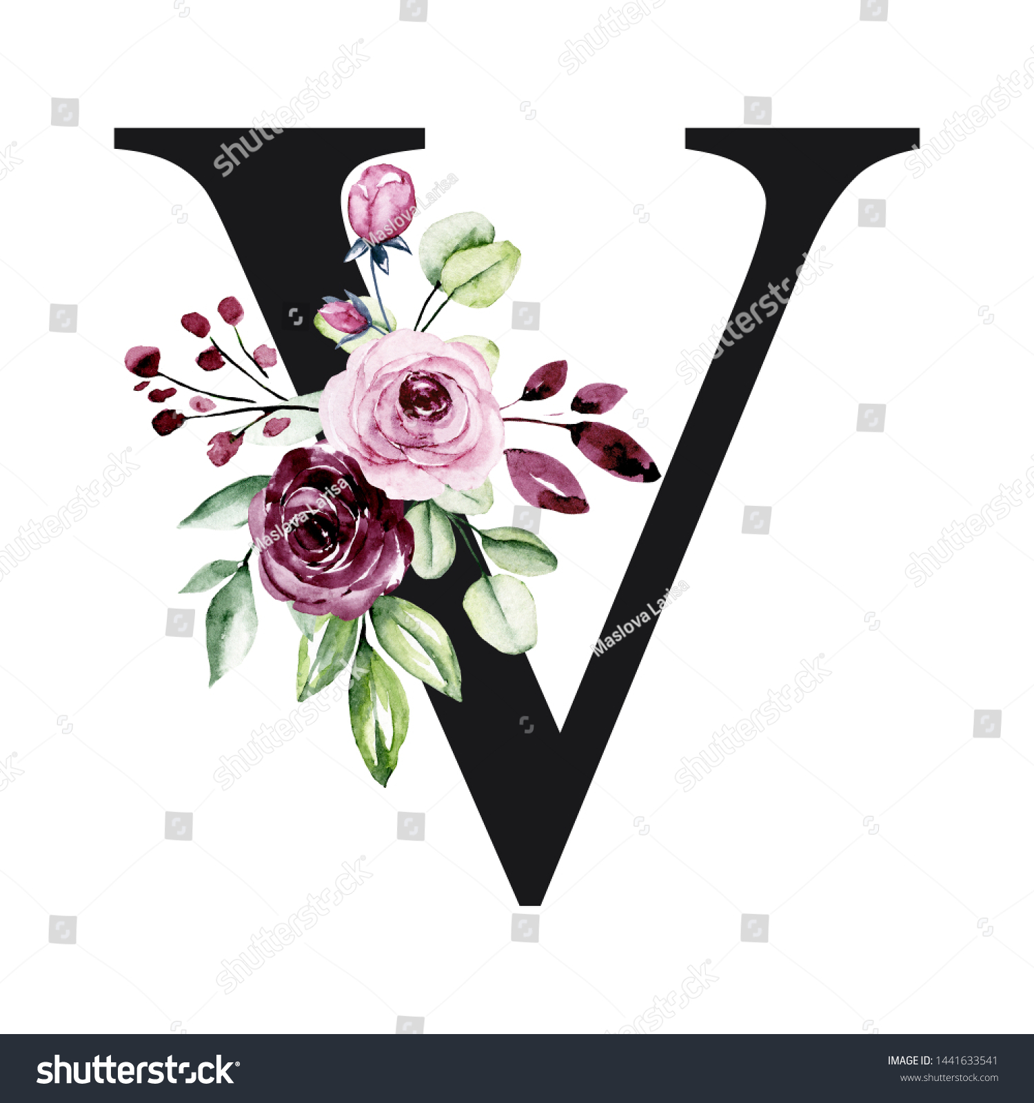 Floral Alphabet Letter V Watercolor Flowers Stock Illustration ...