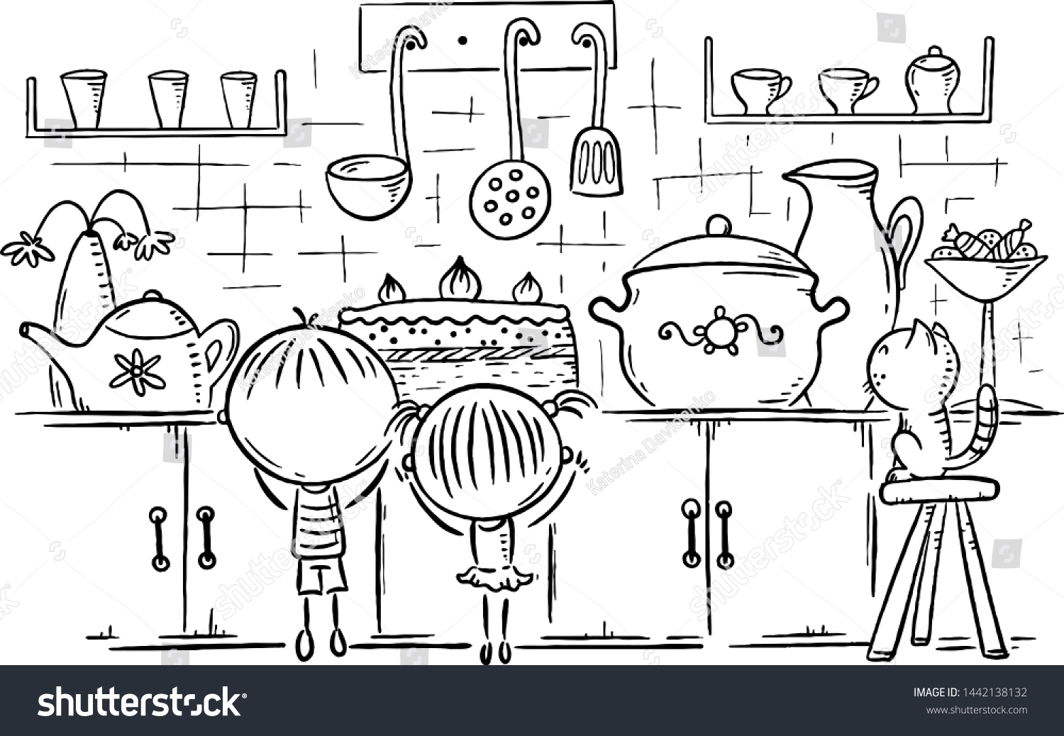 Kids Attracted By Cake Kitchen Outline Stock Vector (Royalty Free ...