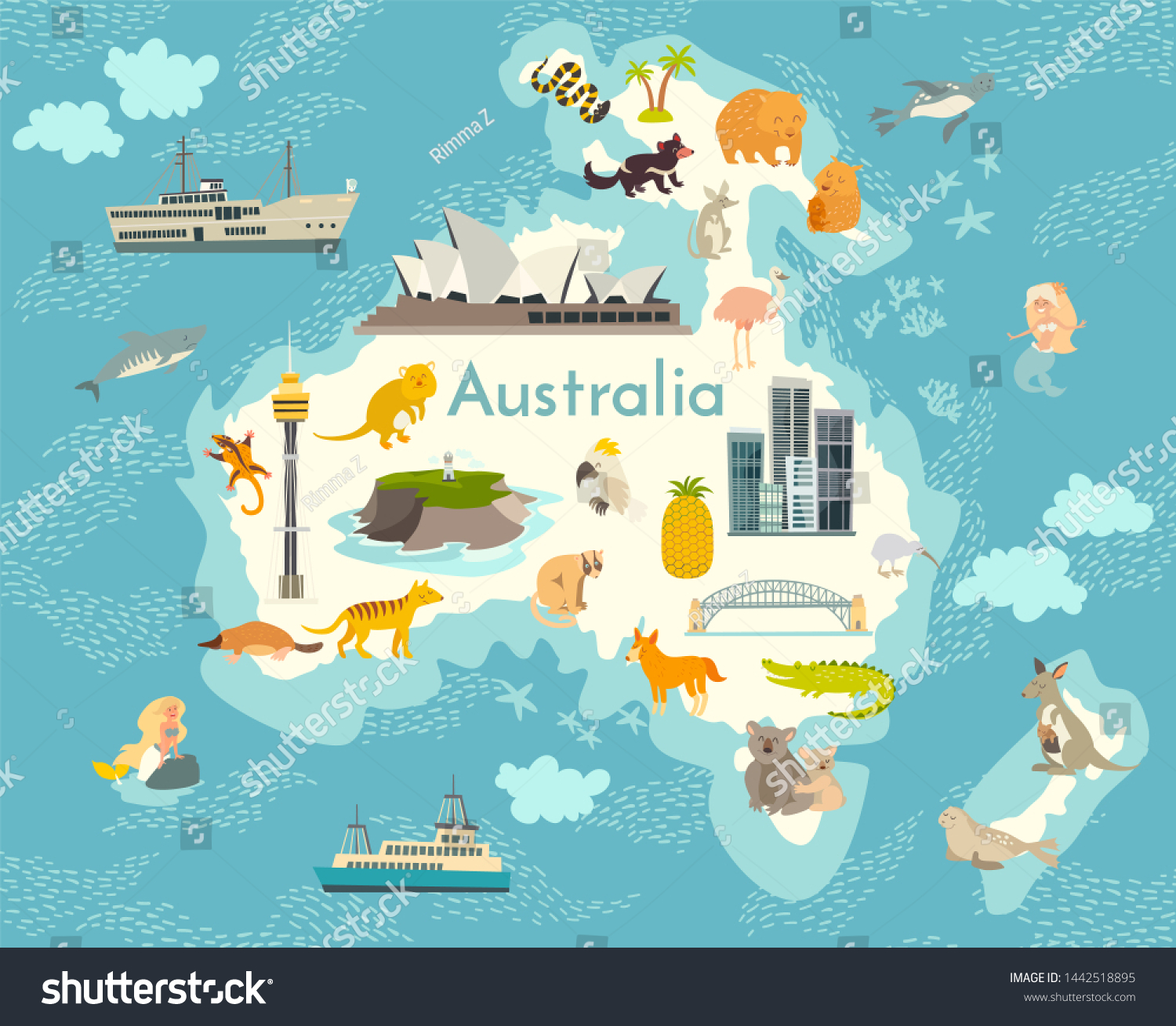 Australia Continent World Map Landmarks Cartoon Stock Illustration ...