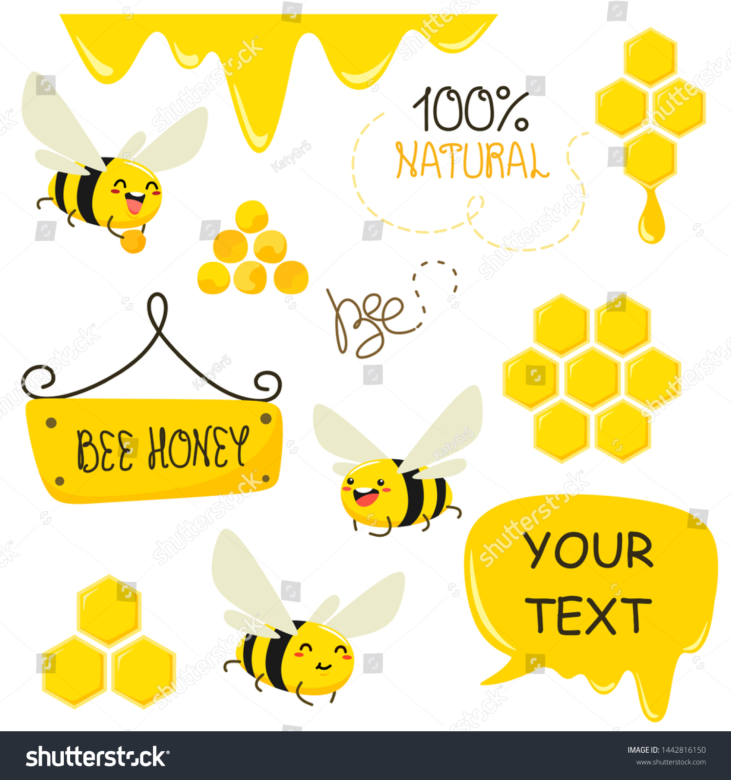 Set Bees Honey Lettering Signboard Pollen Stock Vector (Royalty Free ...