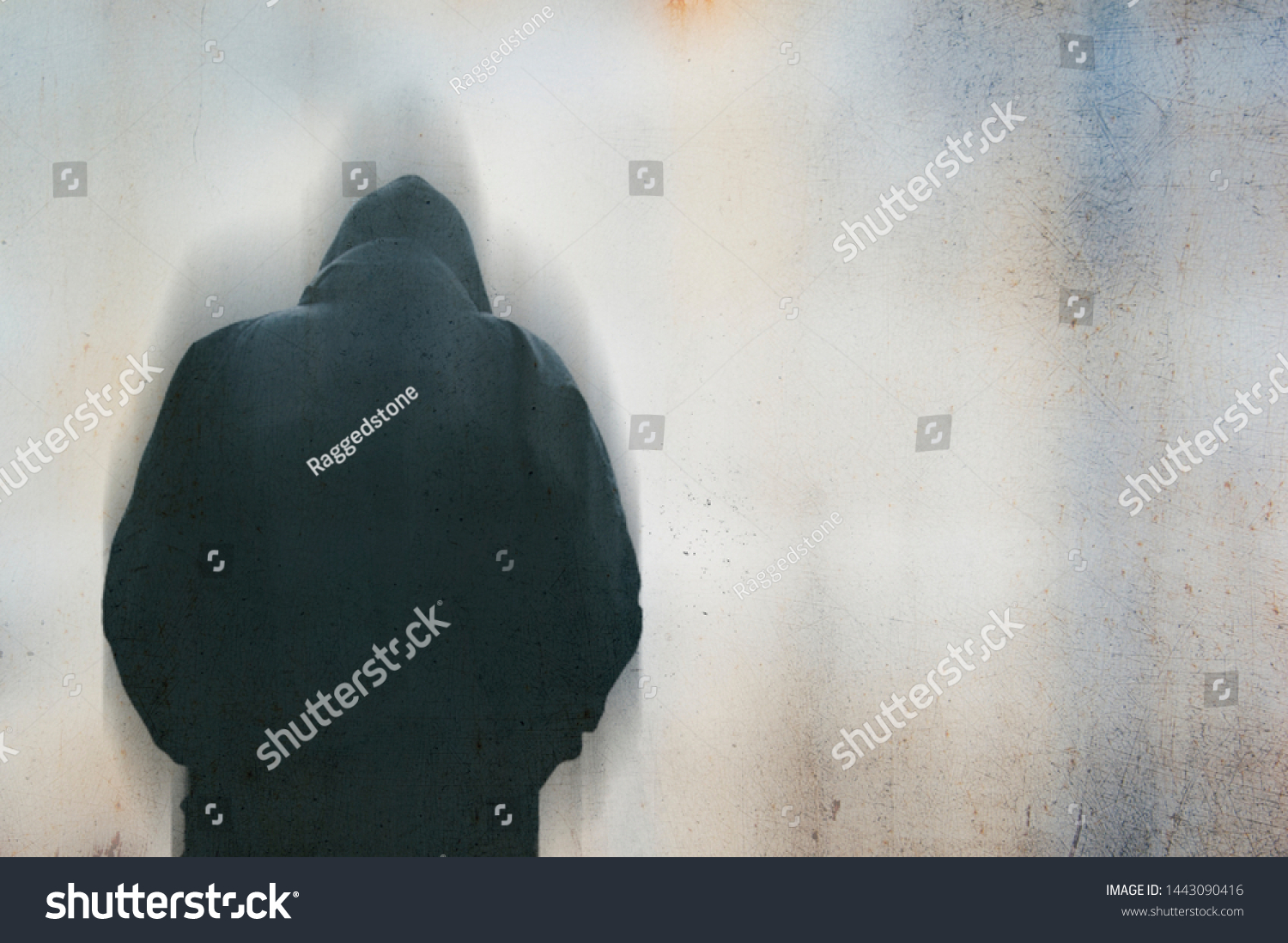 Back Hooded Man Hunched Sad Representing Stock Photo 1443090416 ...