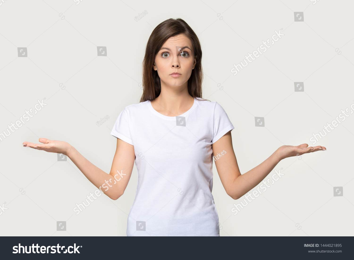 Confused Young Woman Shrug Sign Doubt Stock Photo 1444021895 | Shutterstock