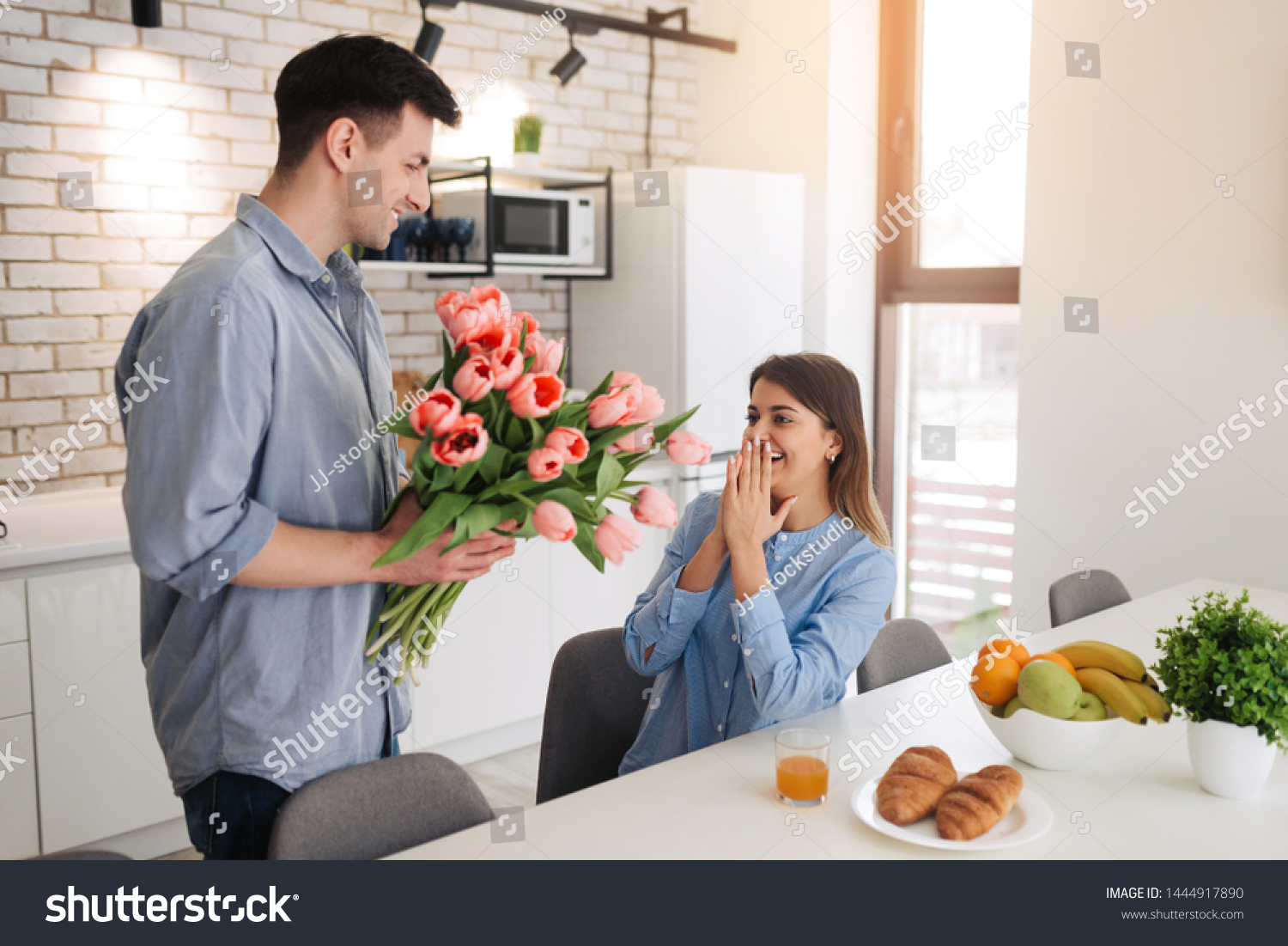 Husband Greeting His Wife Bouquet Flowers Stock Photo 1444917890 ...