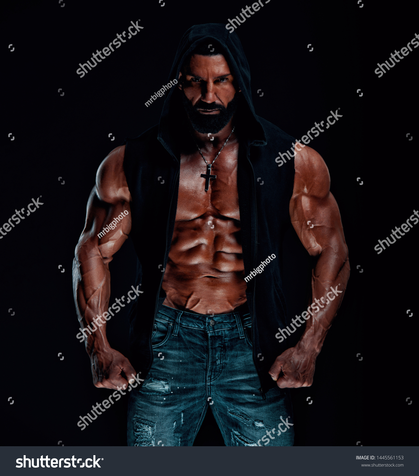 Strong Mysterious Muscular Men Wearing Hooded Stock Photo 1445561153 ...