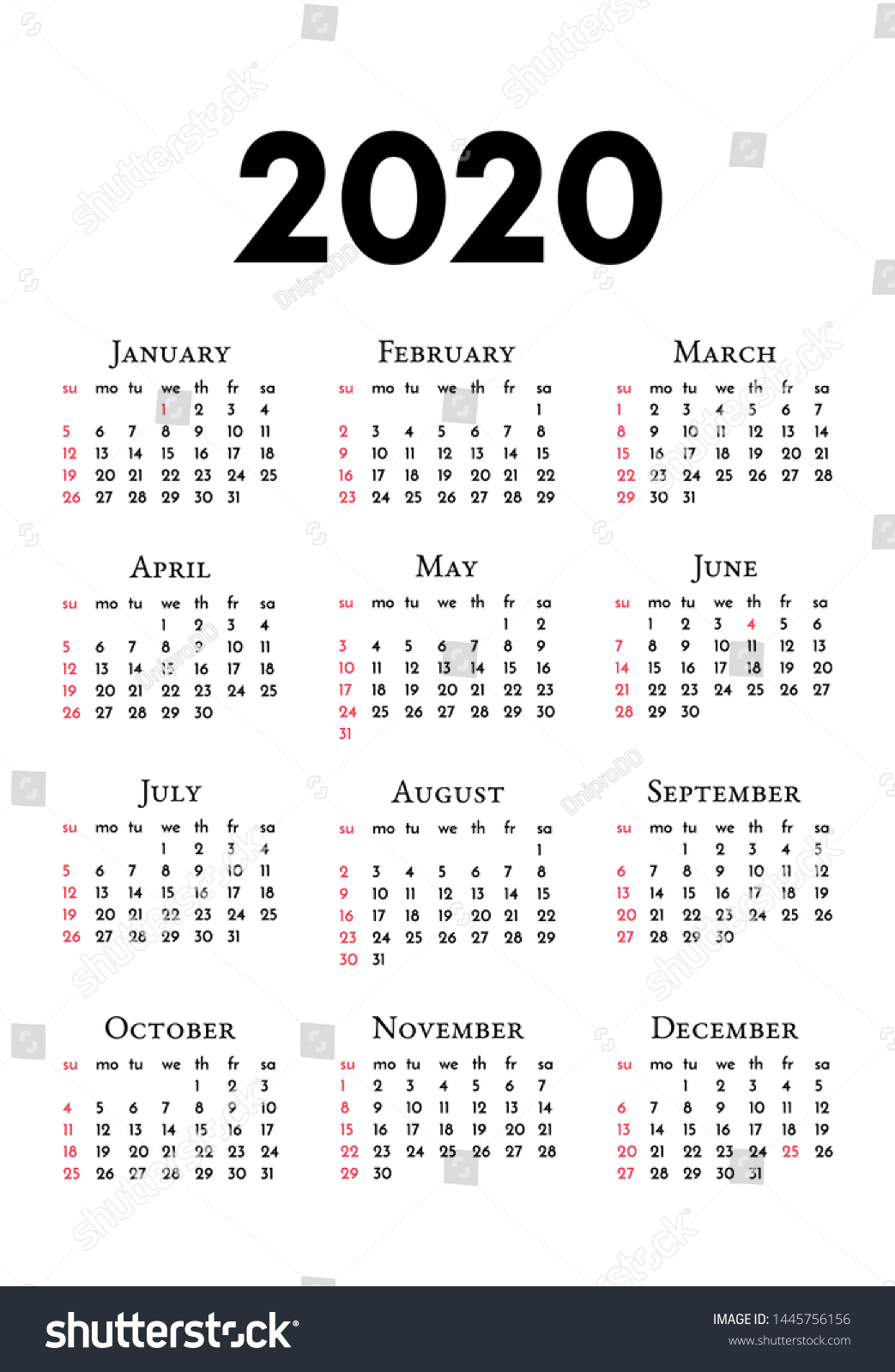 Calendar 2020 Isolated On White Background Stock Vector (royalty Free 