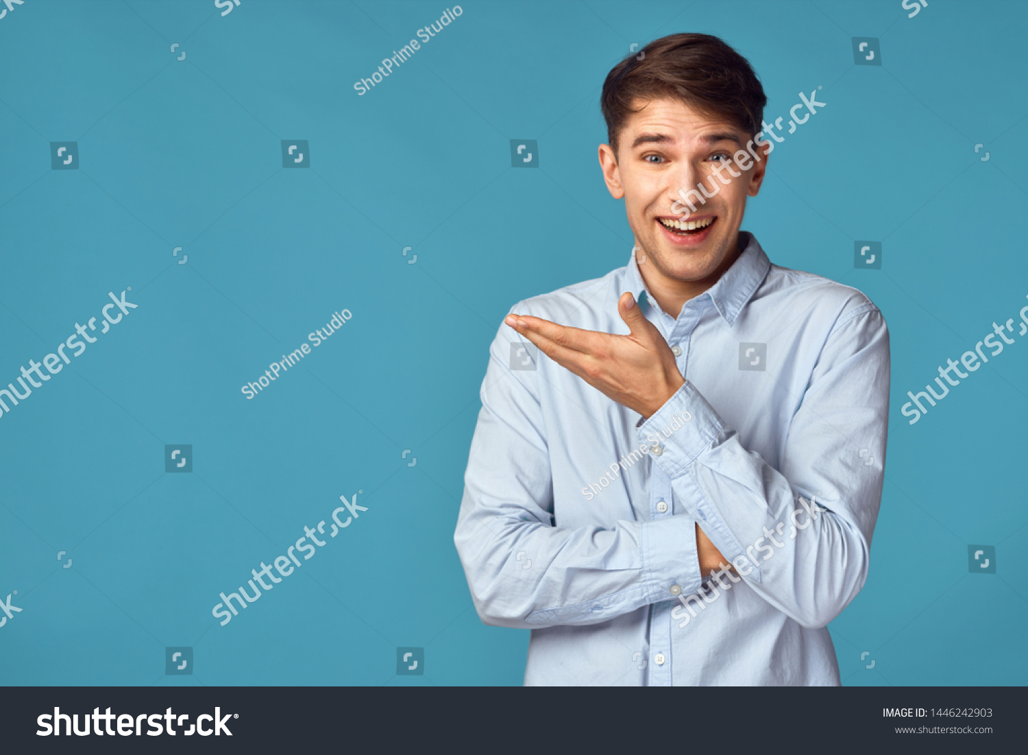 Happy Man Shirt Shows Hand Side Stock Photo 1446242903 | Shutterstock