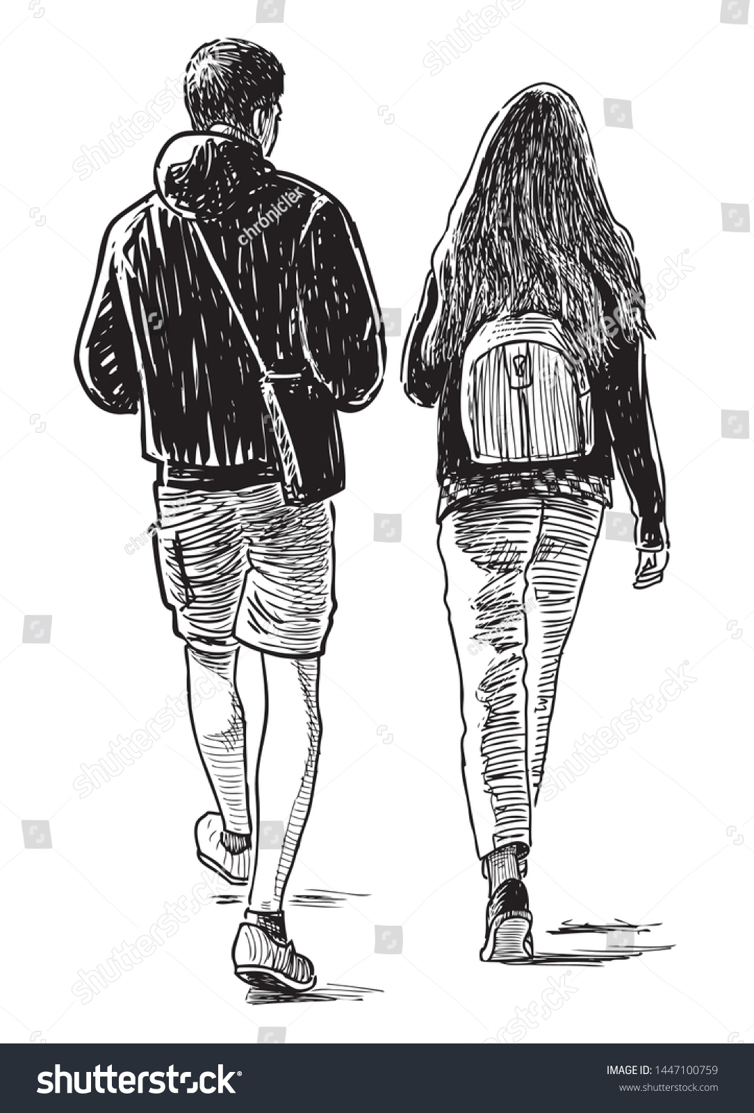 Sketch Couple Students Going Down Street Stock Vector (Royalty Free ...