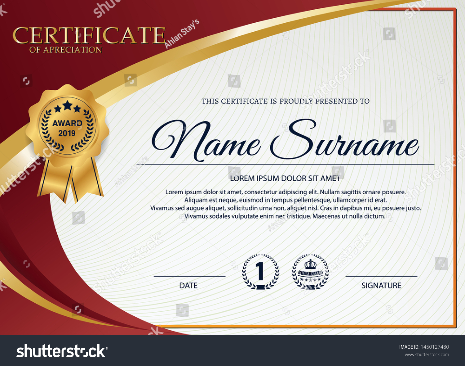 Creative Certificate Appreciation Award Template Red Stock Vector ...