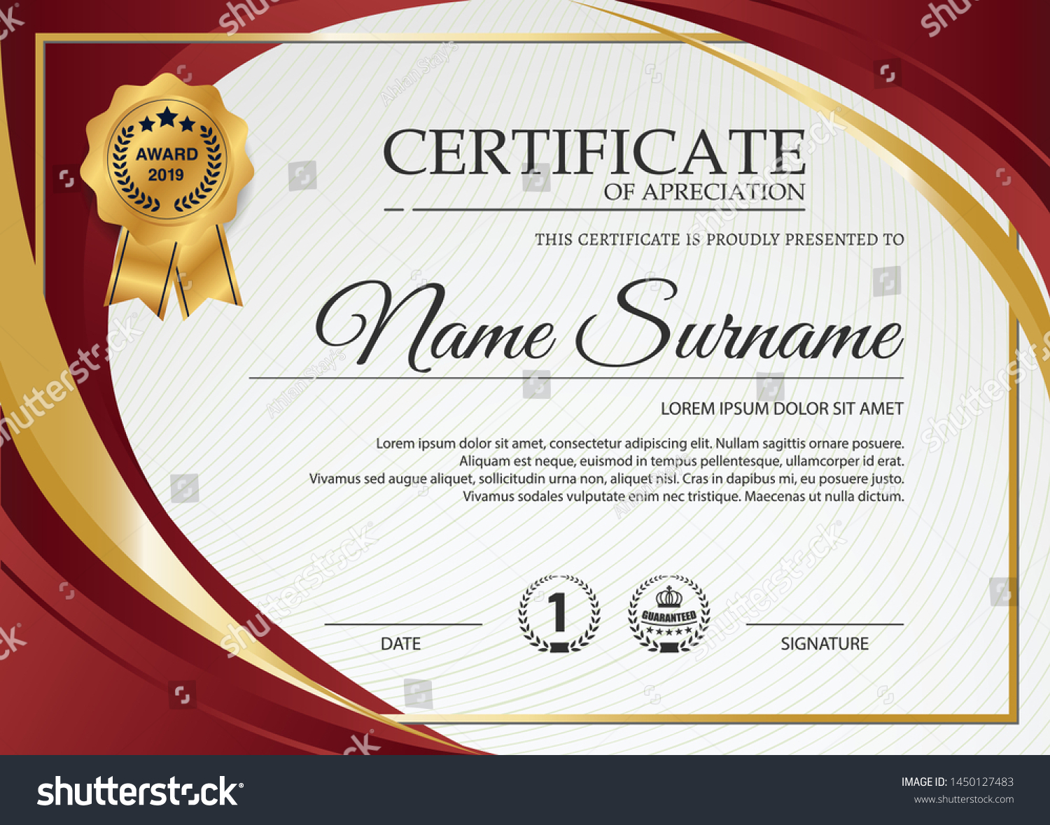 Creative Certificate Appreciation Award Template Red Stock Vector ...