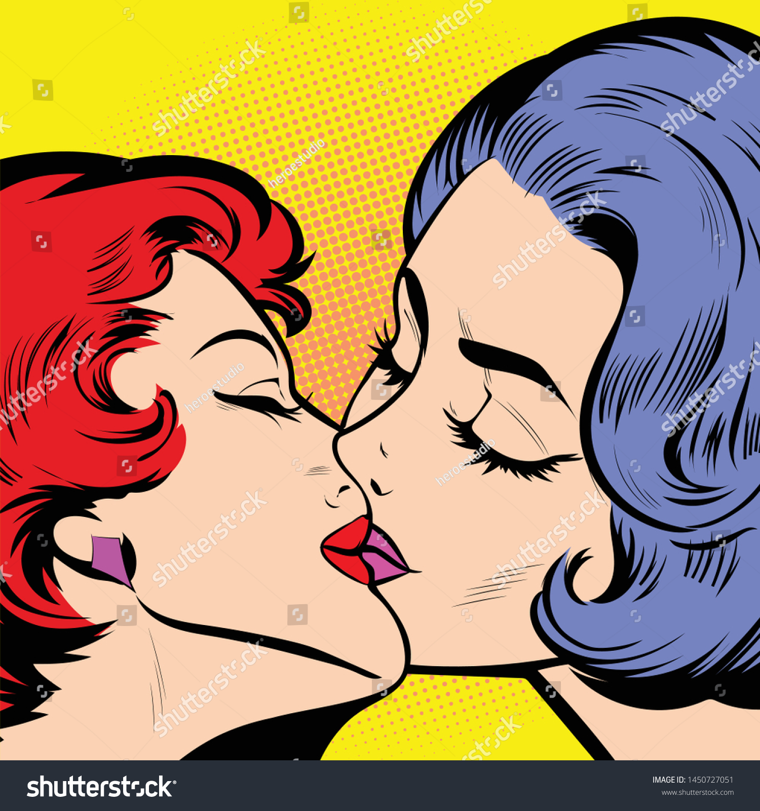 Romantic Lesbian Couple Kissing Retro Comic: стоковая векторная графика (бе...