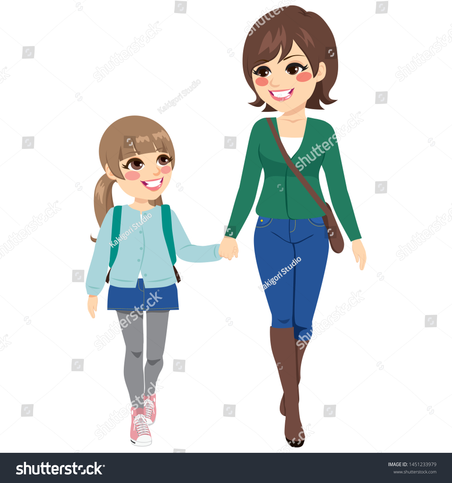 Young Mother Her Daughter Holding Hands Stock Illustration 1451233979