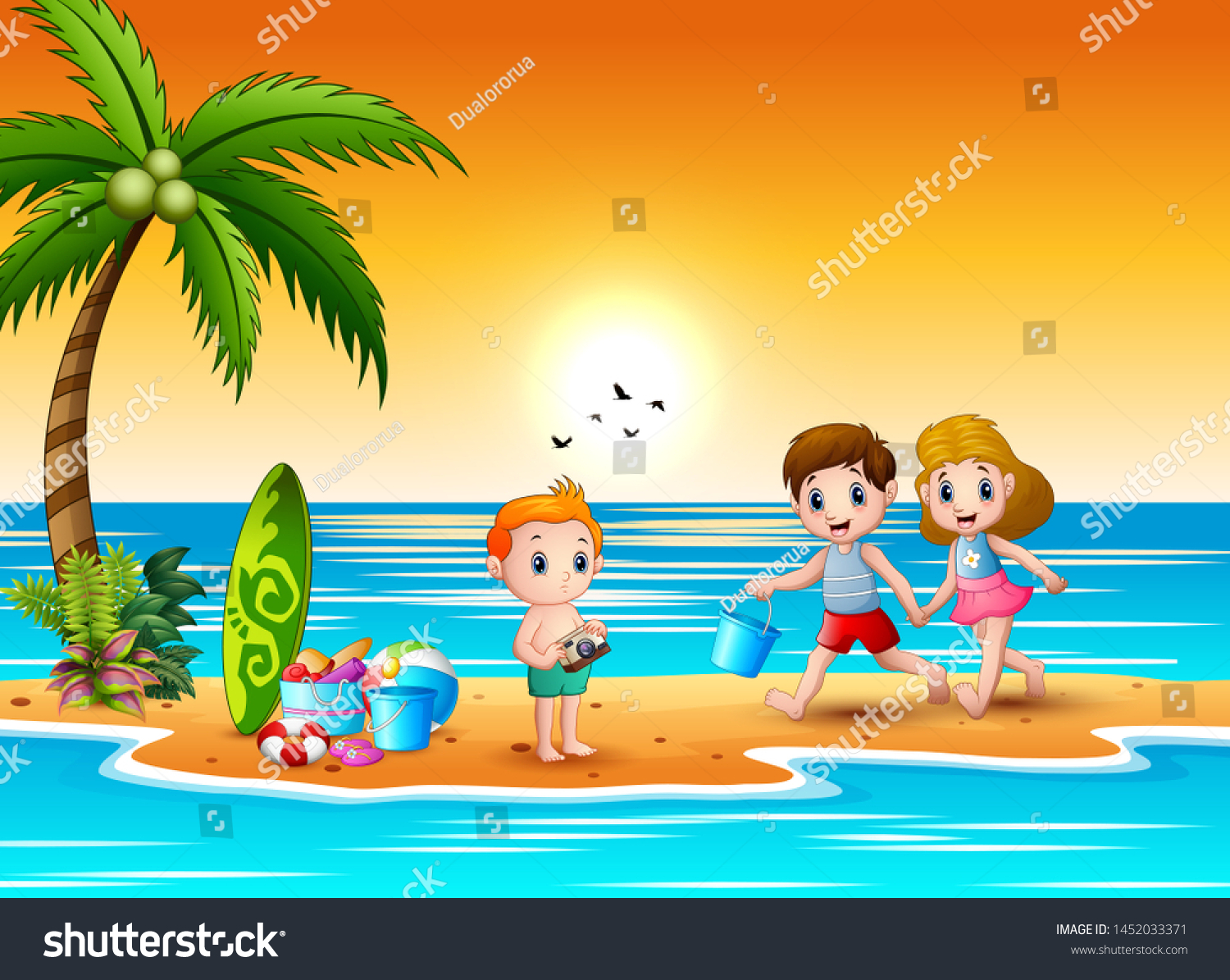 Happy Children Playing Beach Illustration Stock Illustration 1452033371 