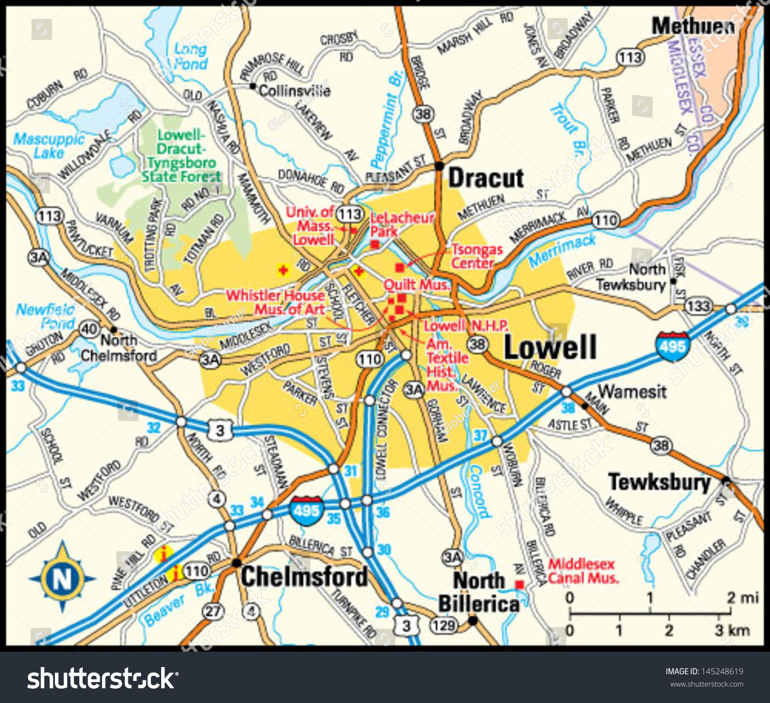 Lowell Massachusetts Area Map Stock Vector (Royalty Free) 145248619 ...