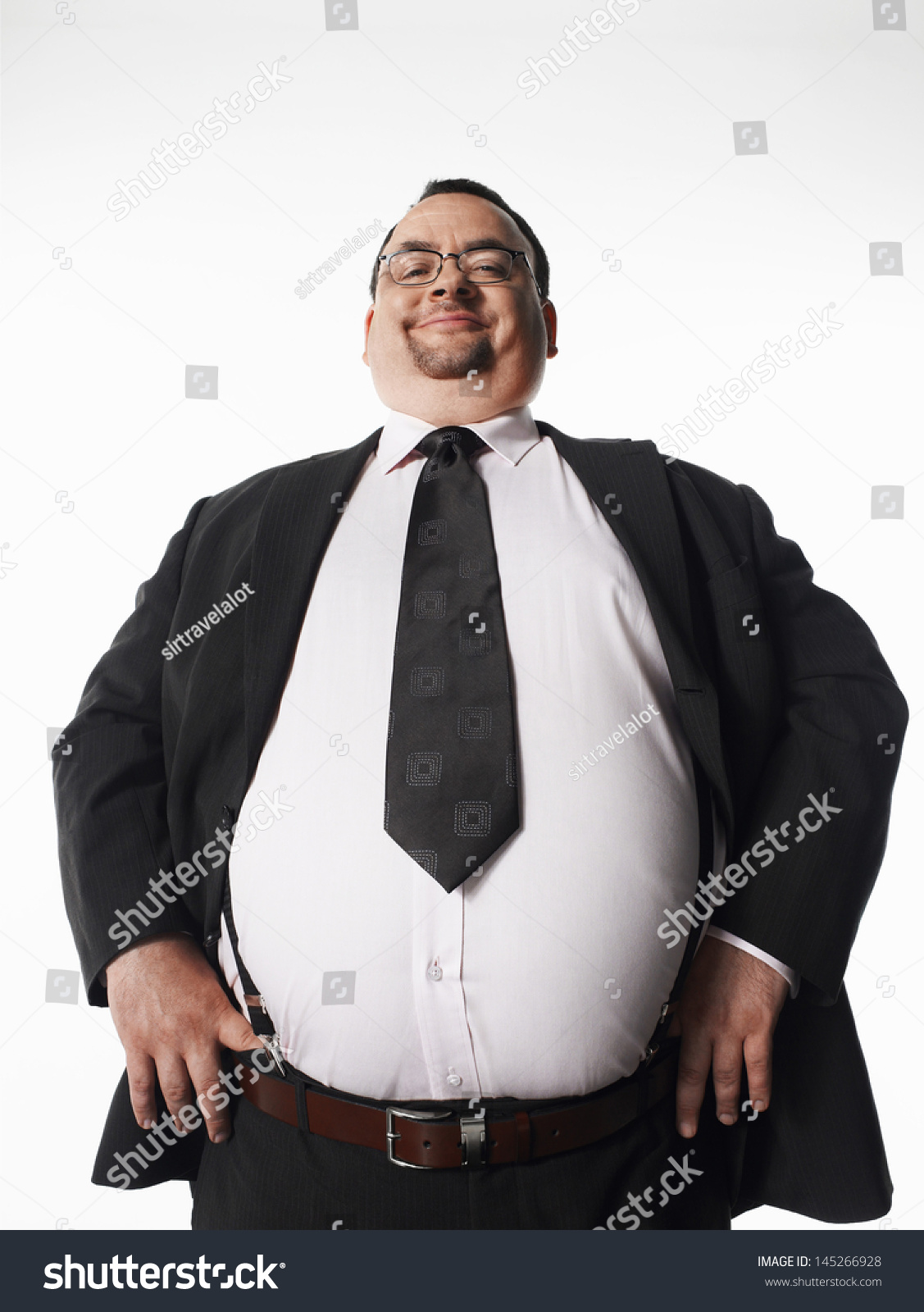 Portrait Smiling Overweight Businessman Standing Hands Stock Photo ...