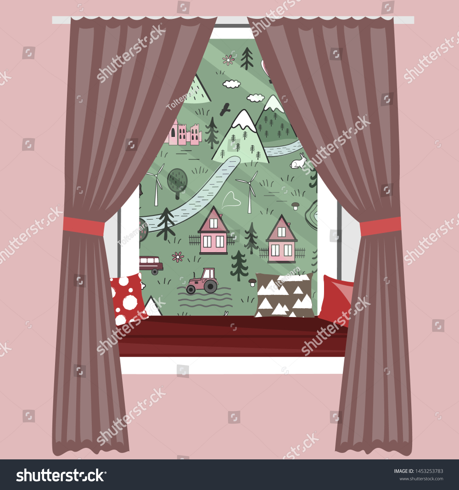 Kids Cartoon Window Sill Vector Illustration Stock Vector (Royalty Free