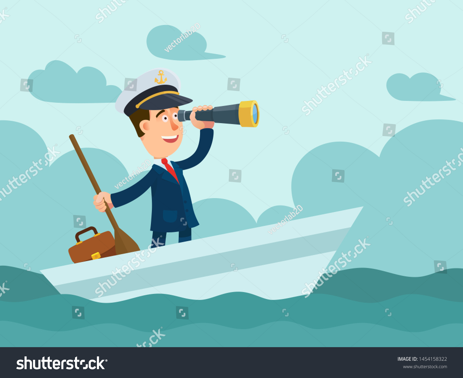 Businessman Captain Cap Sail Boat Looks Stock Vector (Royalty Free ...