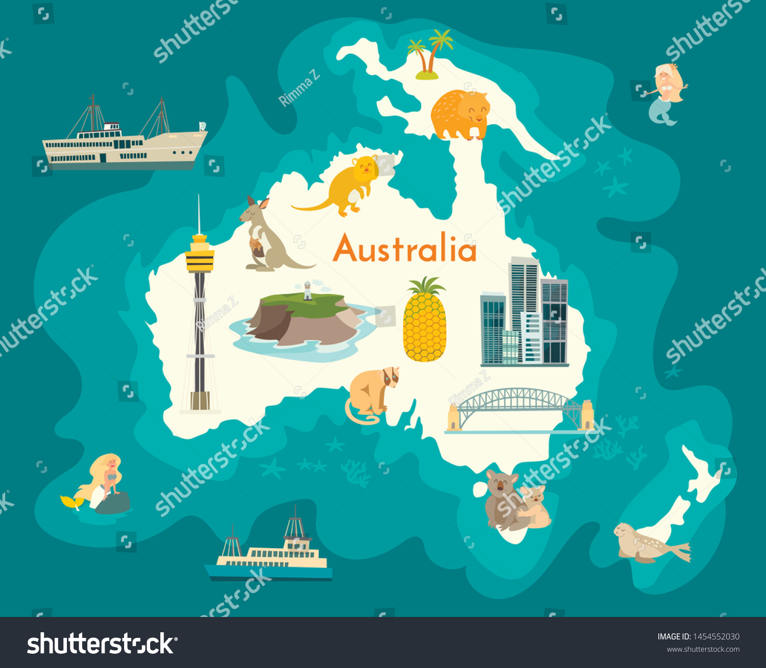 Australia Continent World Vector Map Landmarks Stock Vector (Royalty ...