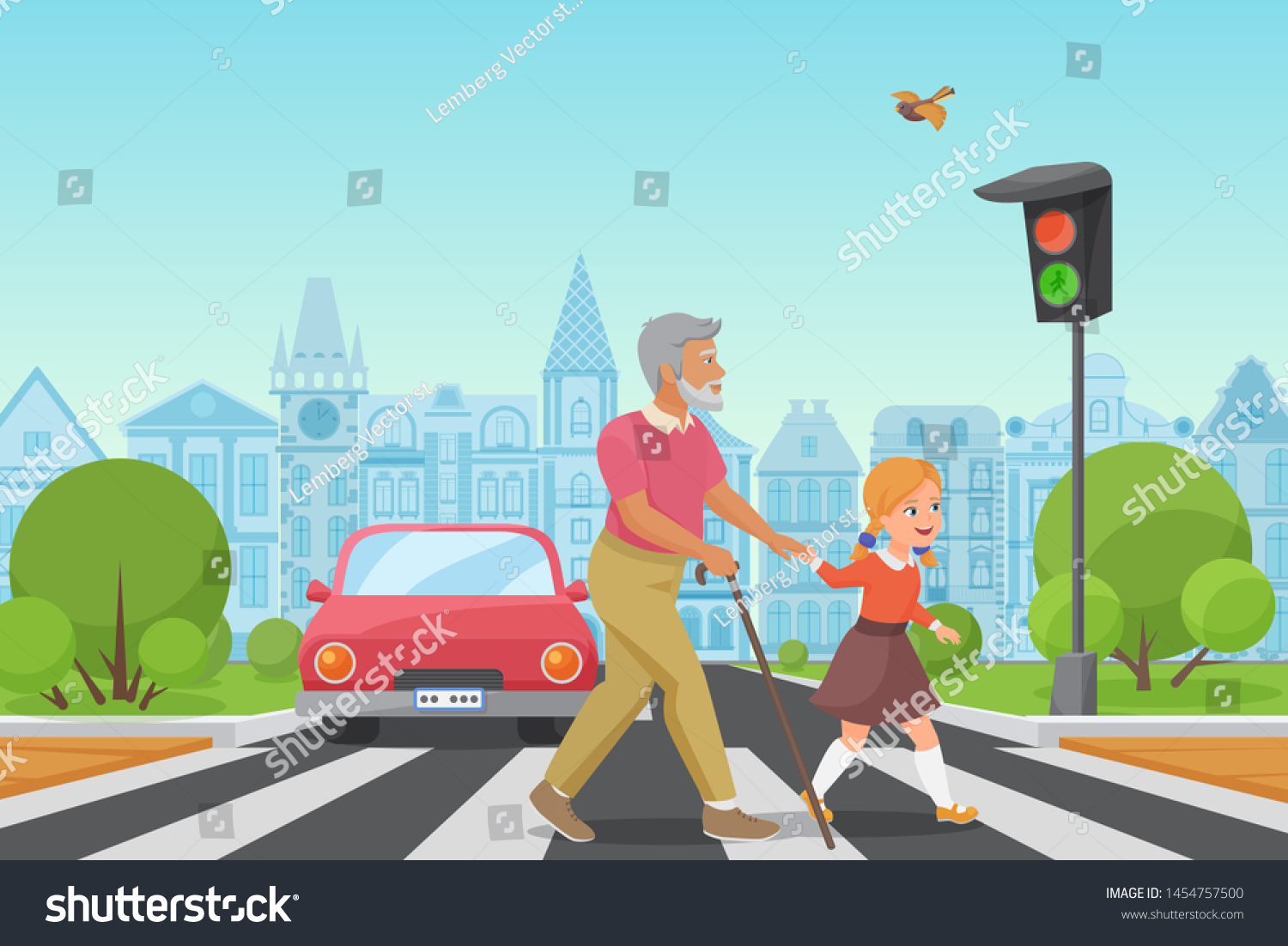 Helping Senior Old Man Little Girl Stock Illustration 1454757500 ...