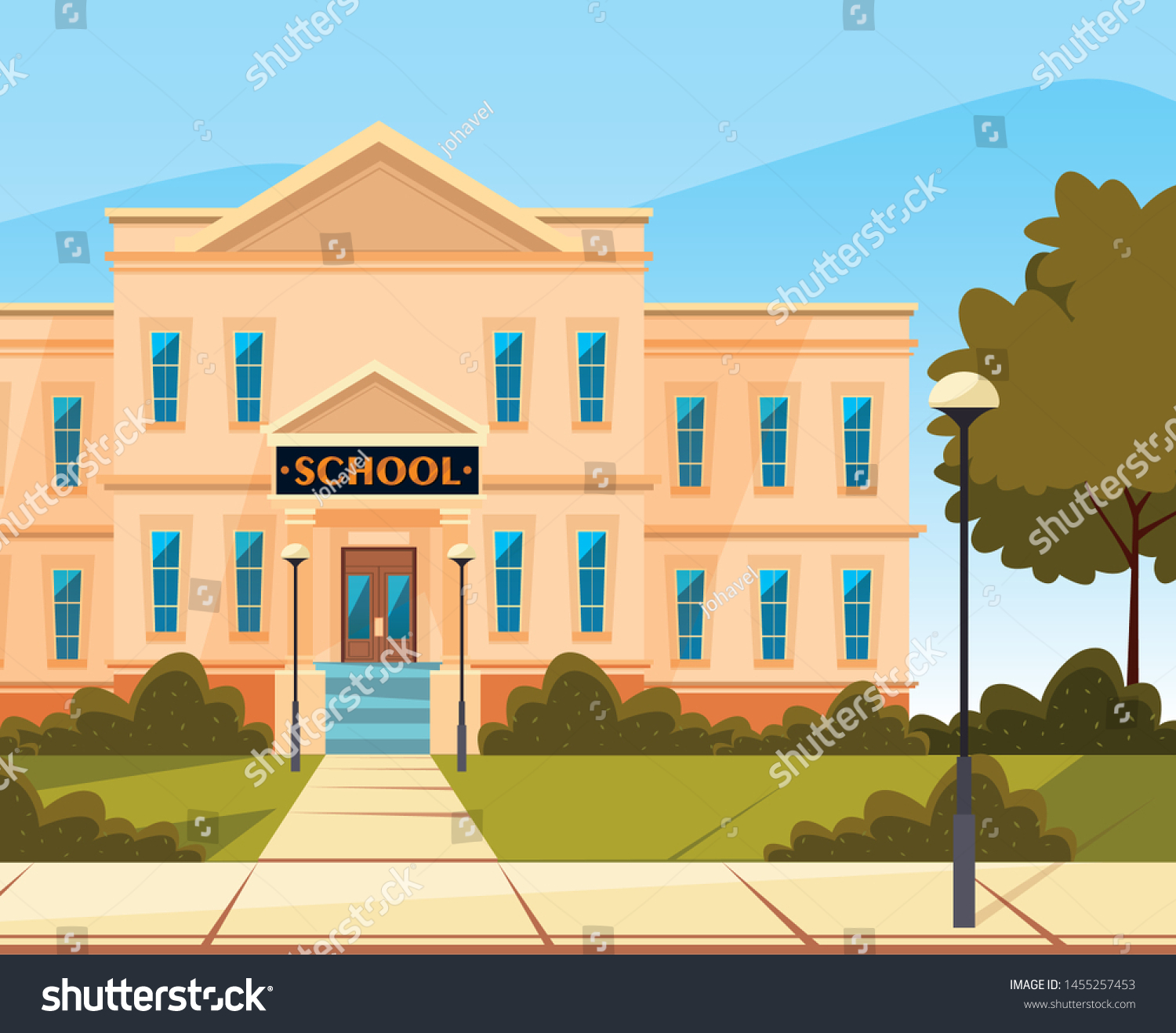 School Building Street Campus Tree Stock Vector (royalty Free 