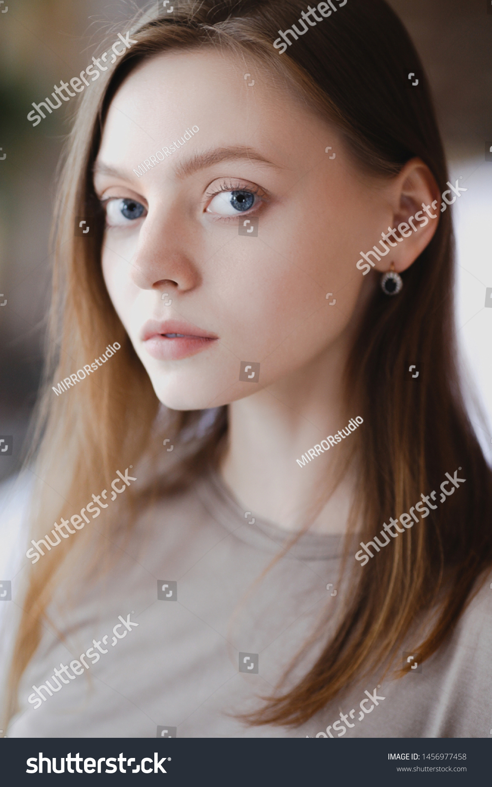 Young Cute Girl Big Eyes Closeup Stock Photo 1456977458 