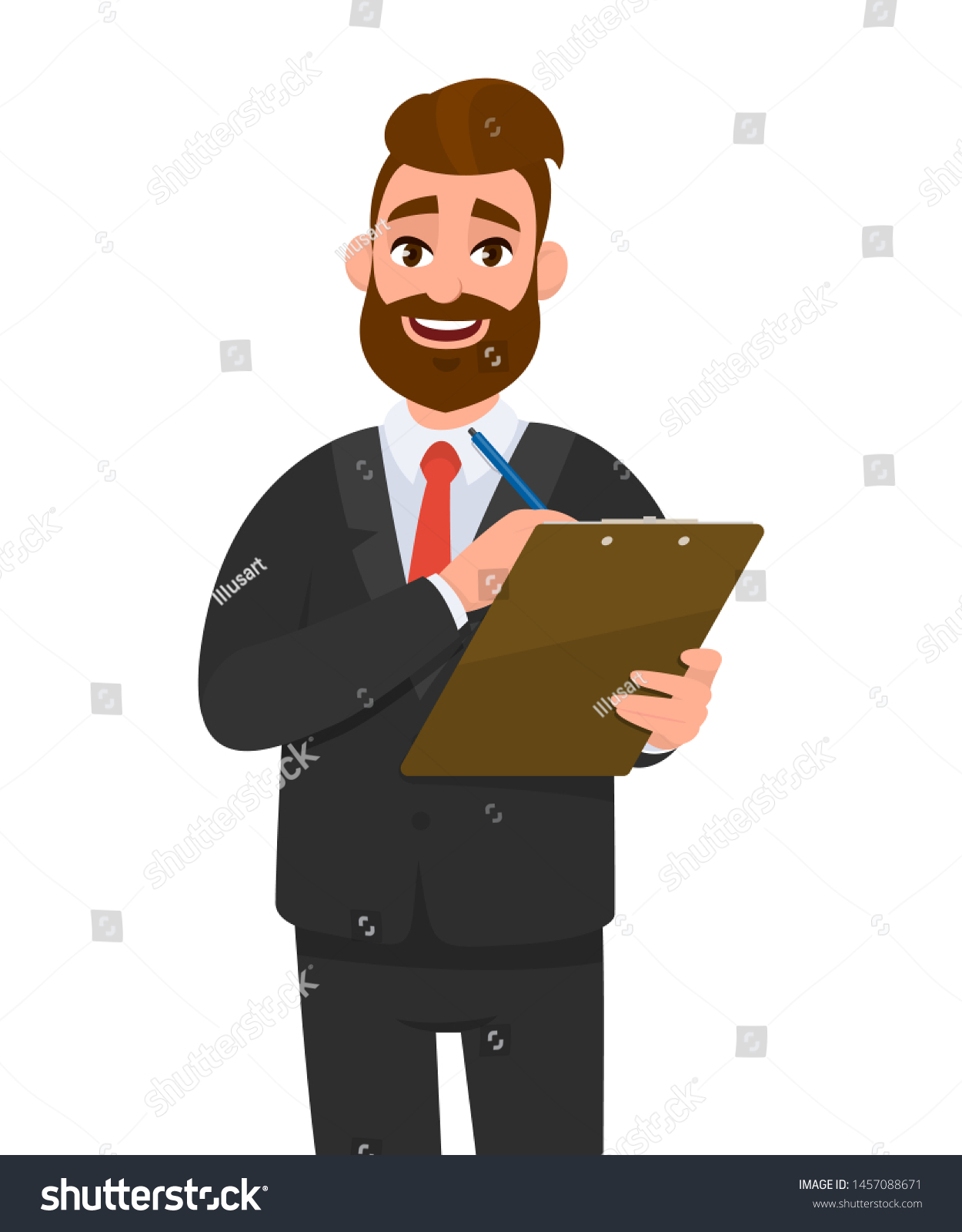 Young Businessman Wearing Suit Holding Clipboard Stock Vector (Royalty ...
