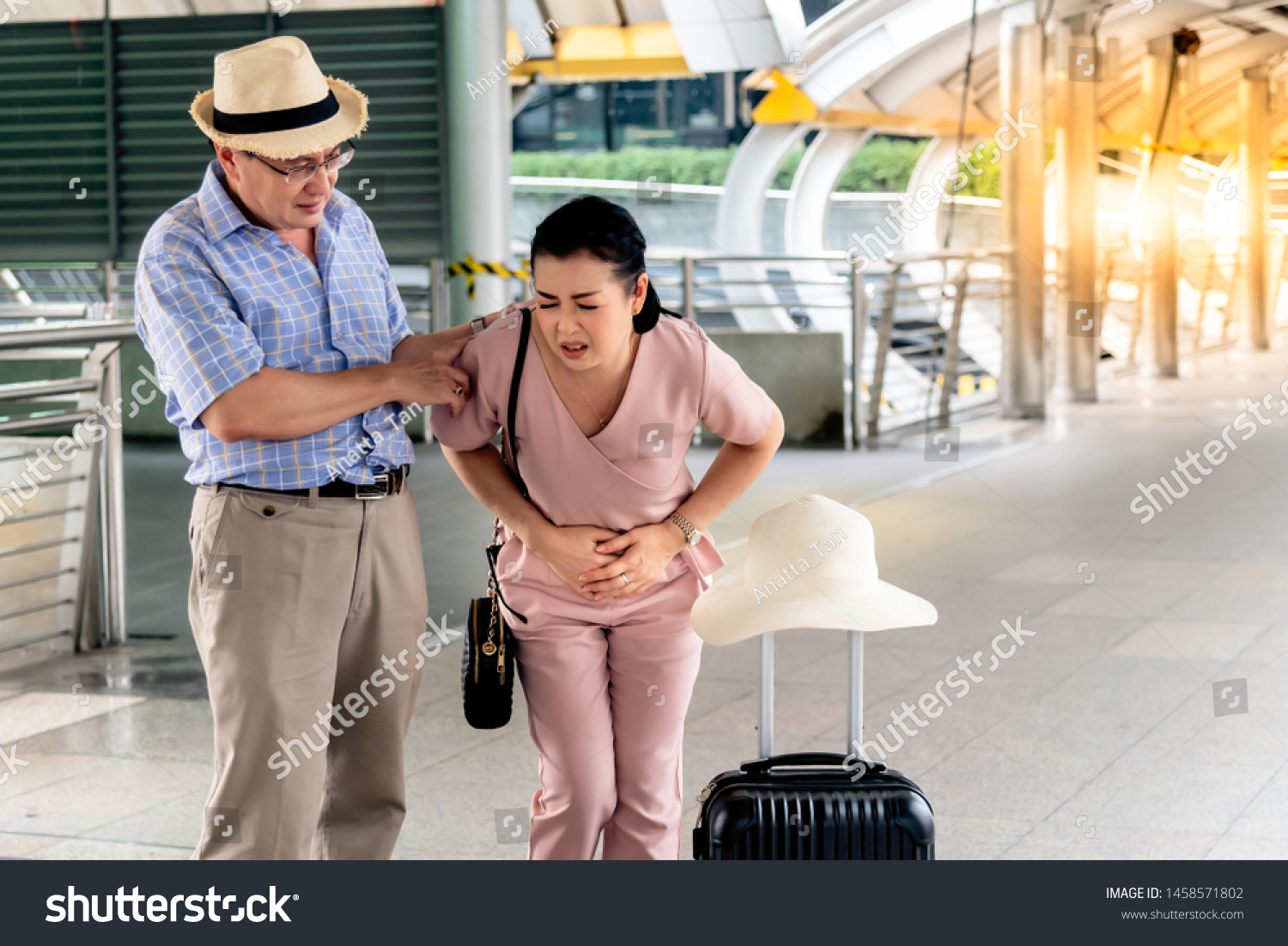 Asian Old Man Having Knee Injury Stock