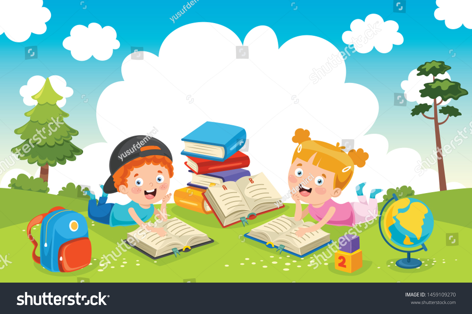 Vector Illustration Children Reading Book Garden Stock Vector (Royalty ...