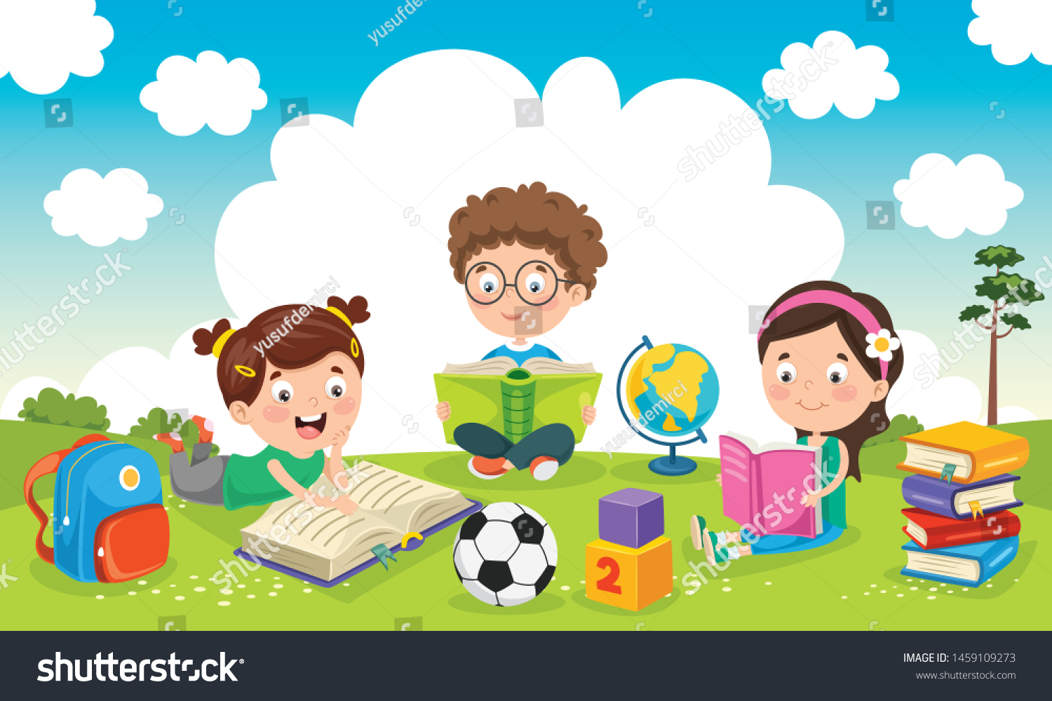 Vector Illustration Children Reading Book Garden Stock Vector (Royalty ...