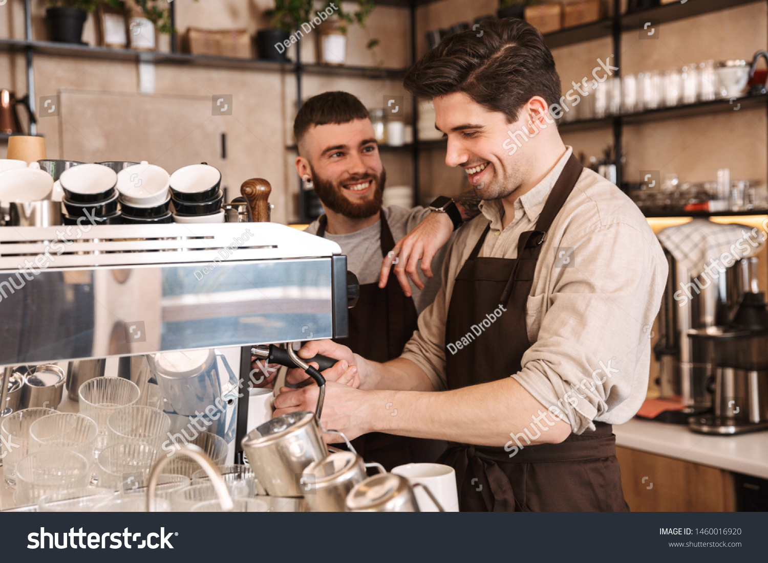 Group Cheerful Men Baristas Wearing Aprons Stock Photo 1460016920 ...