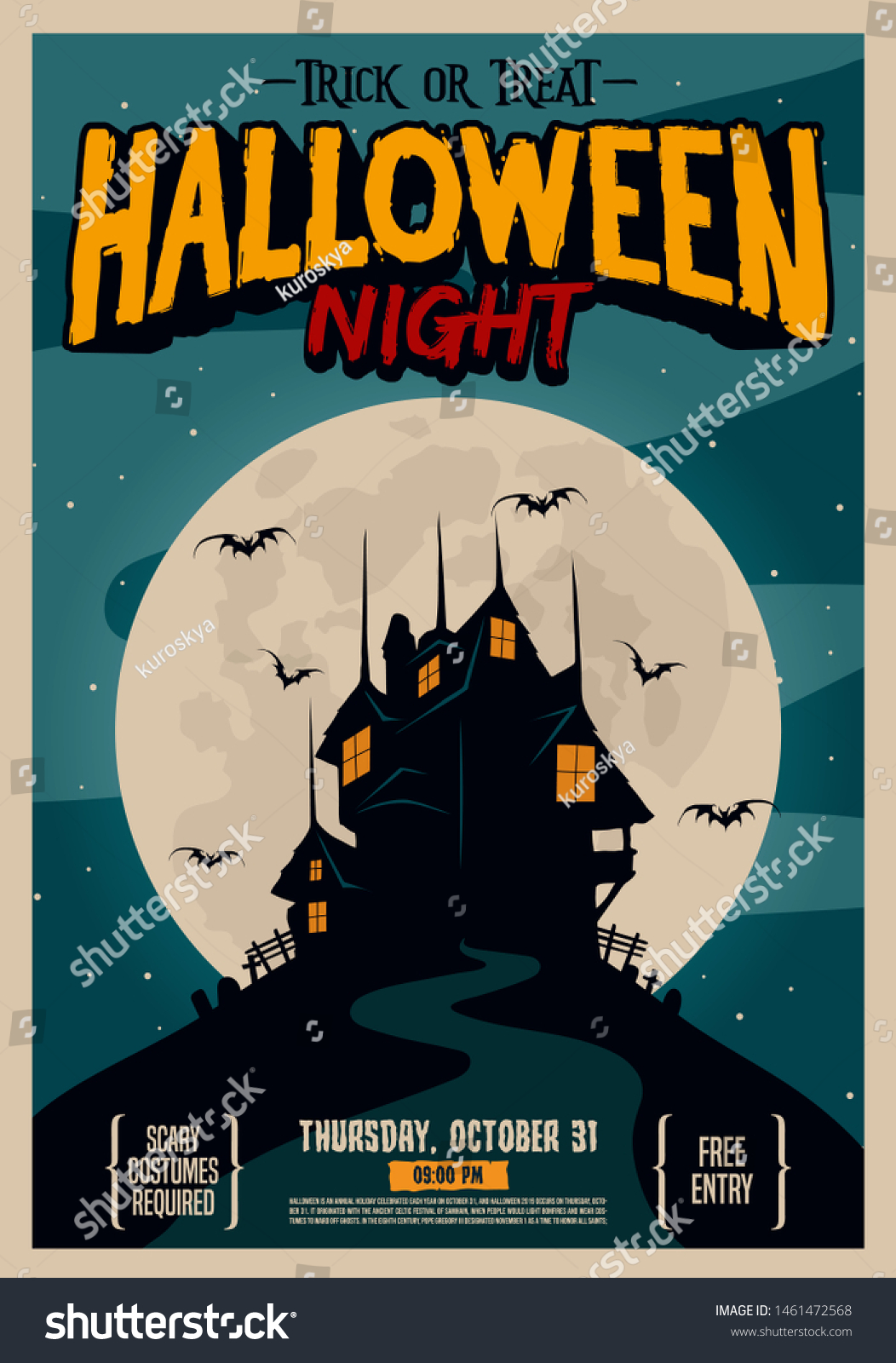 Halloween Poster Haunted House Moon Background Stock Vector (royalty 