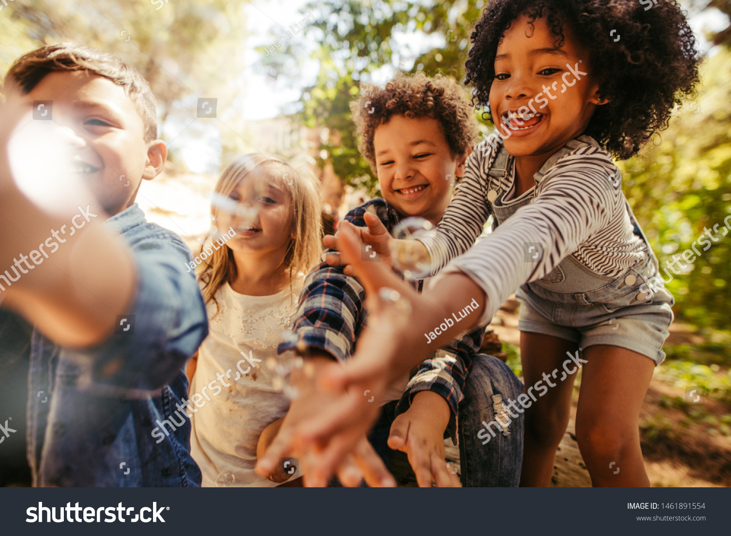 Group Kids Playing Soap Bubbles Forest Stock Photo 1461891554