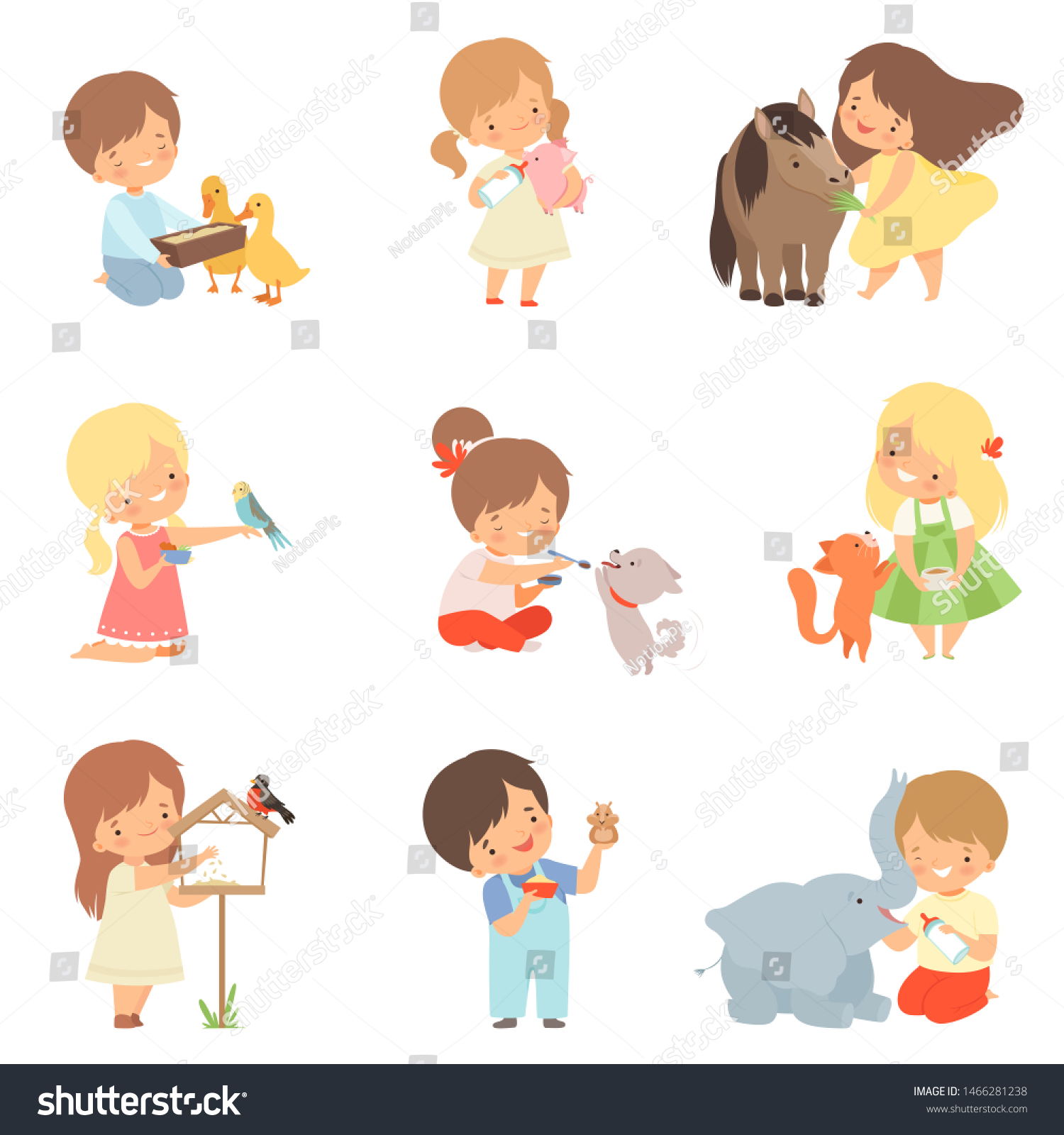 Cute Little Kids Feeding Animals Set Stock Vector (Royalty Free ...