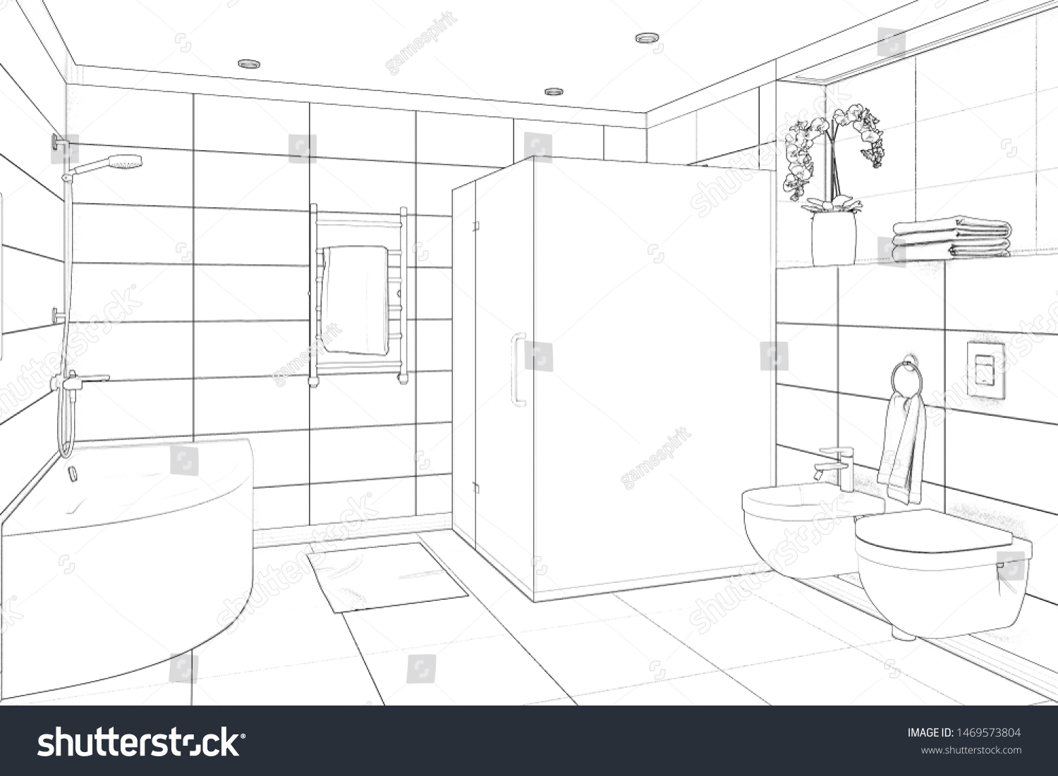 Эскиз комнаты черно белый ванна