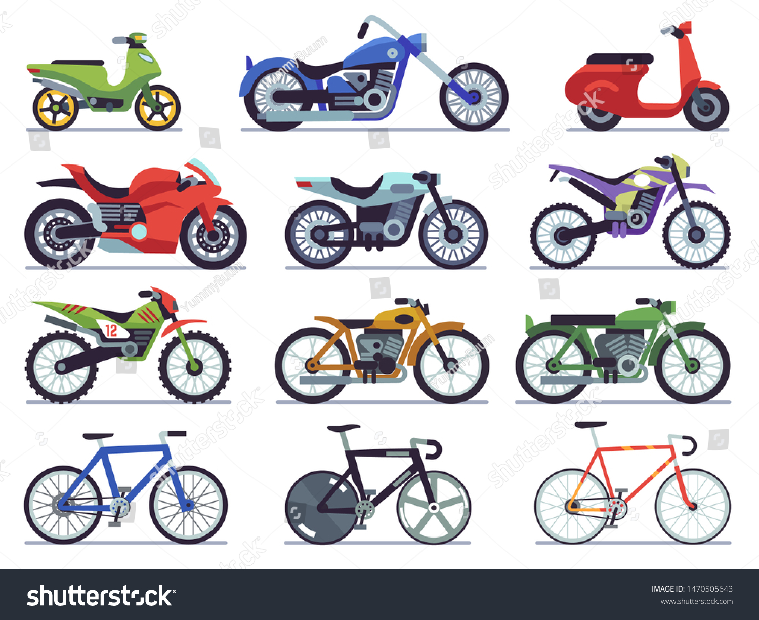 Stock Vector Motorcycle Set Motorbike And Scooter Sport Bike And Chopper Motocross Race And Delivery Vehicles 1470505643 