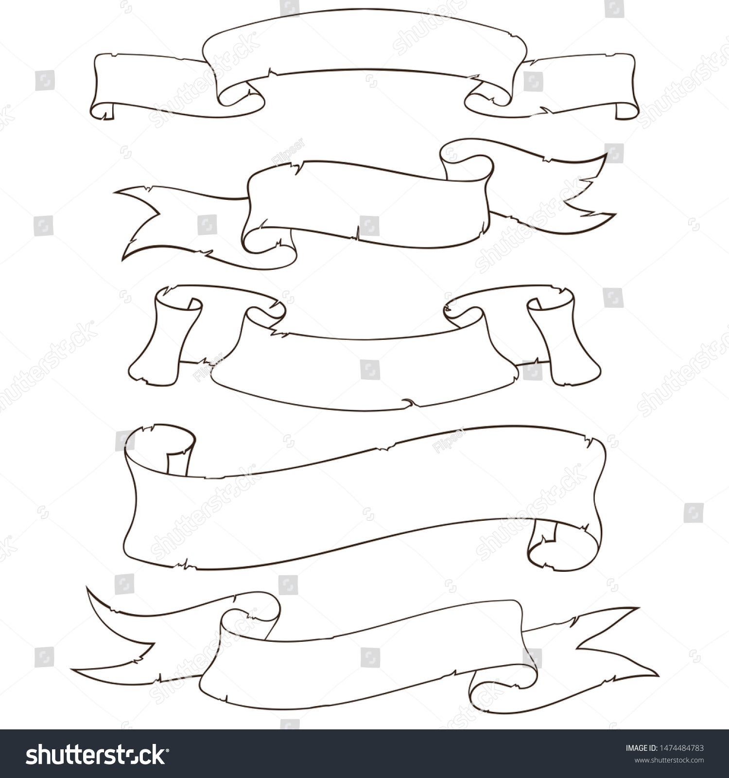 Blank Ribbon Banners Outline Doodles Illustration Stock Illustration 