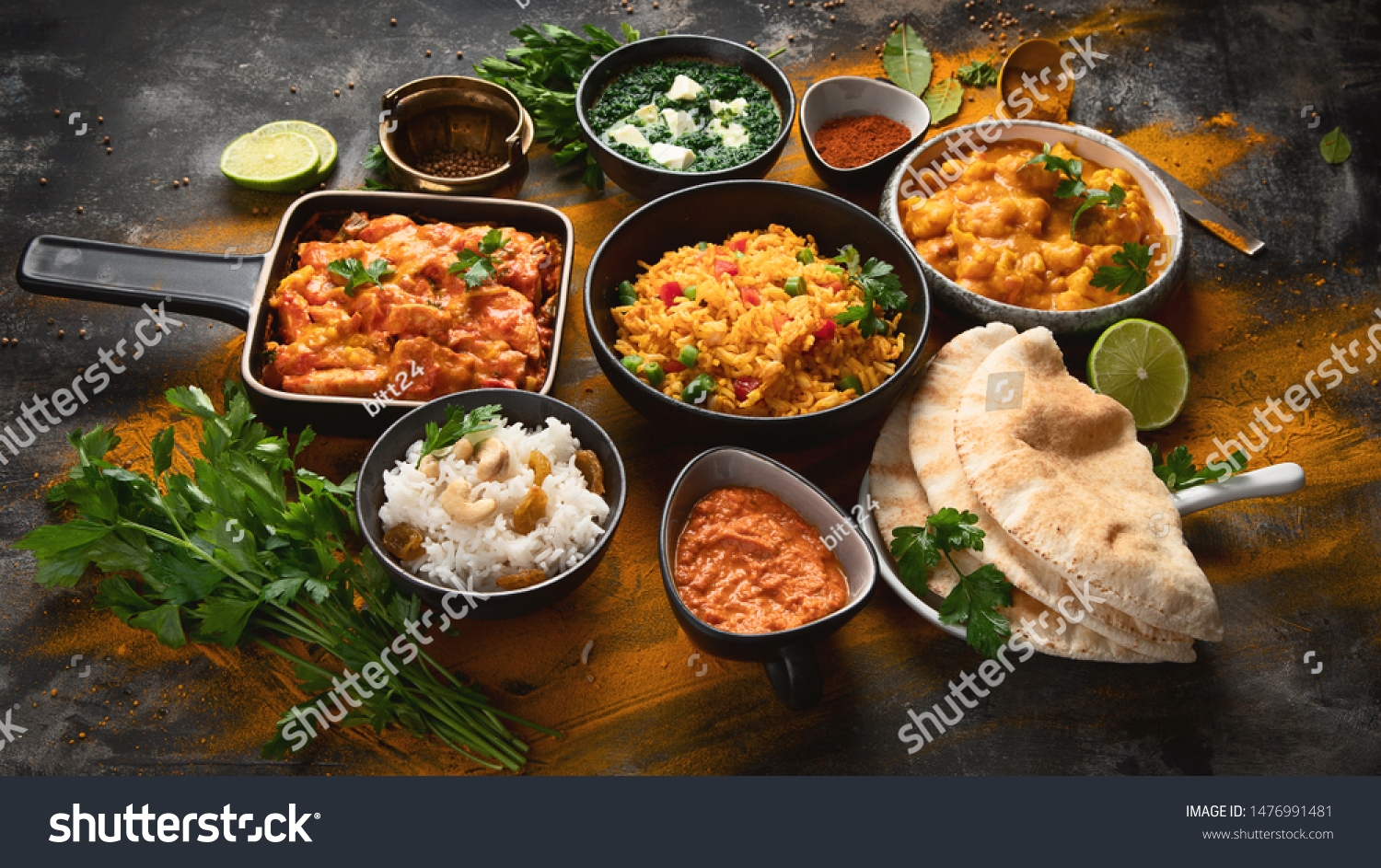 Assorted Indian Food On Black Background Stock Photo 1476991481 ...