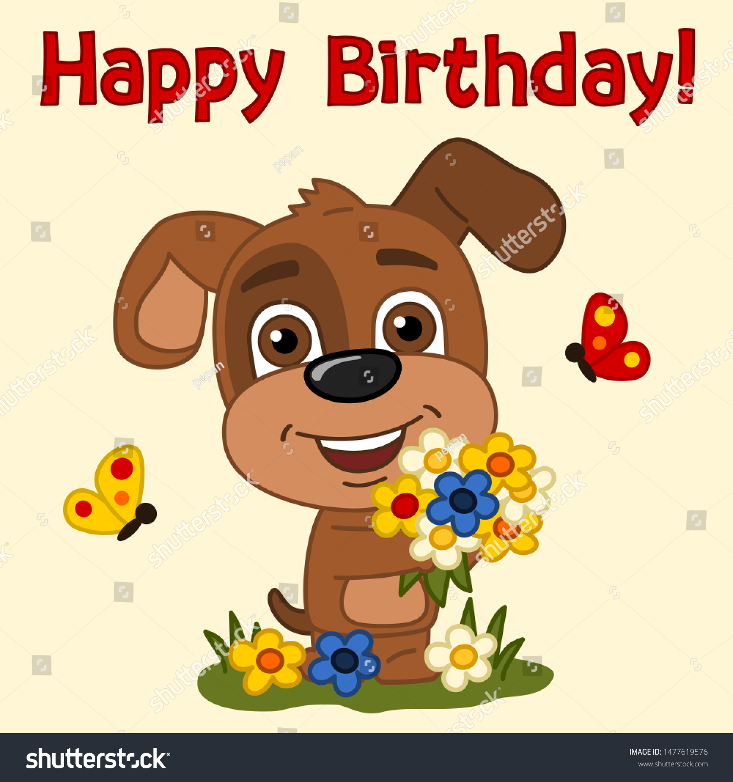 Happy Birthday Dog With Flowers Birthday Card Funny Puppy Dog Beautiful Stock Vector (Royalty Free)  1477619576 | Shutterstock