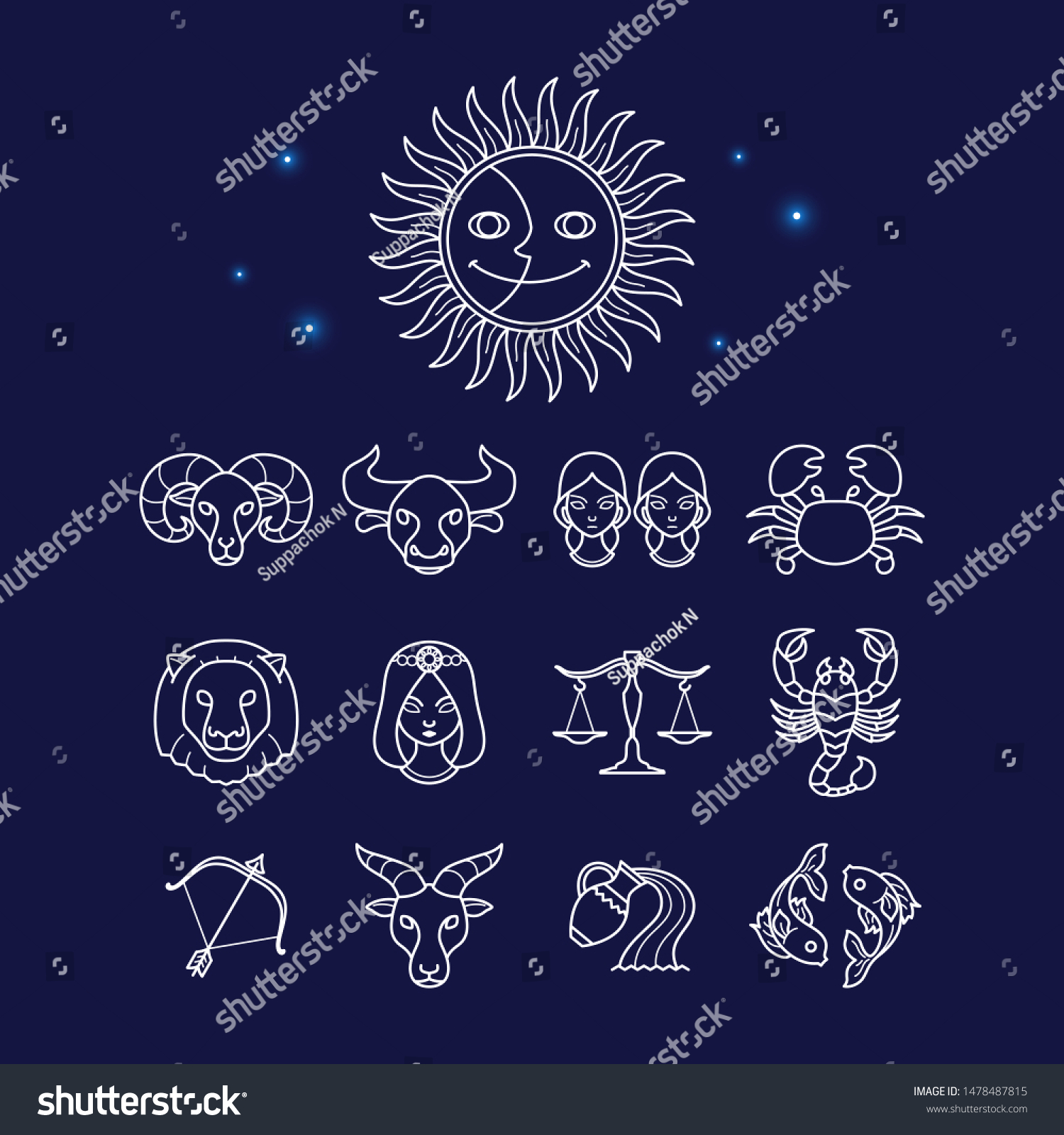 Set Zodiac Symbol Minimal Cartoon Line Stock Vector (Royalty Free ...