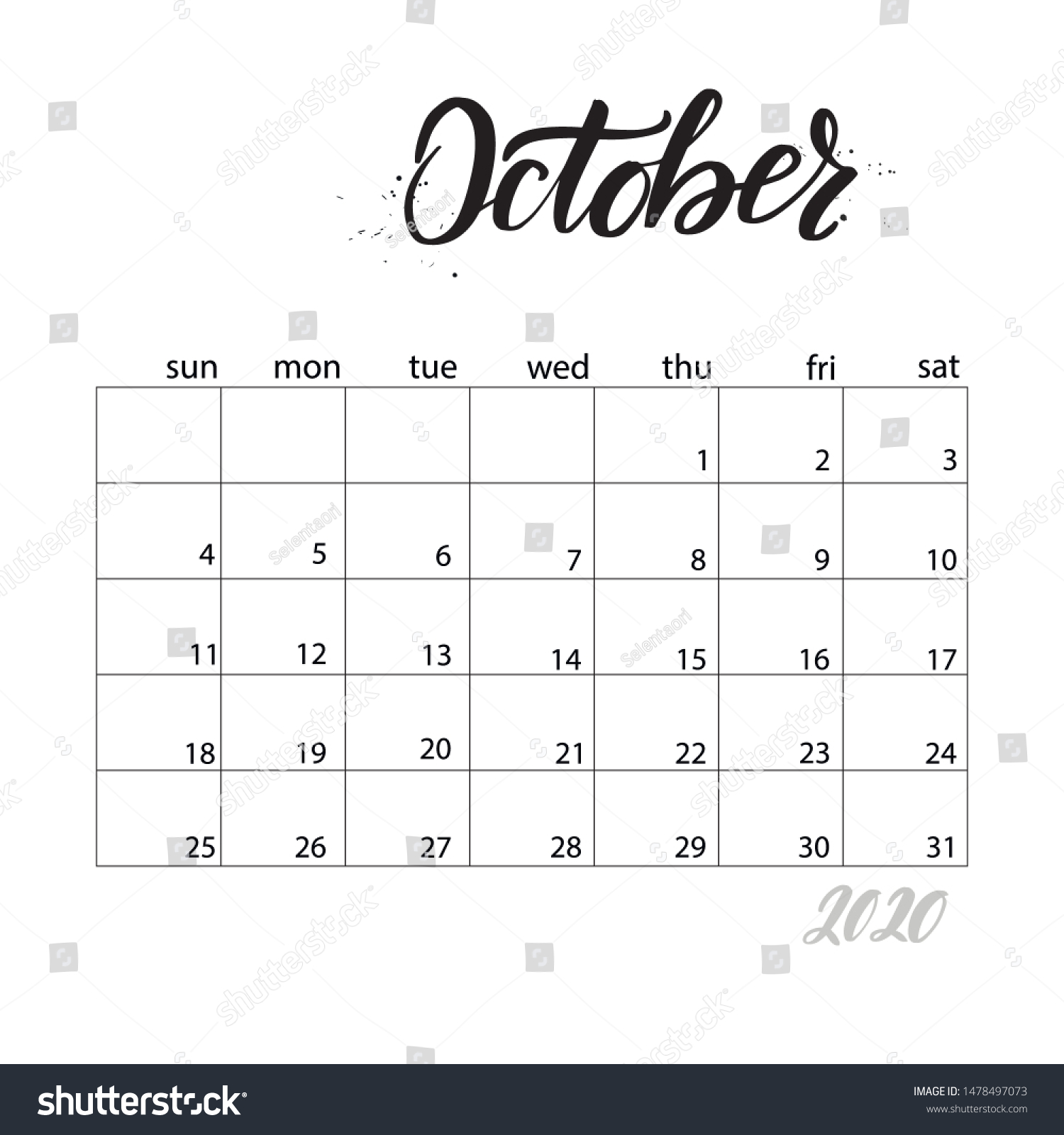 October Monthly Calendar 2020 Year Handwritten Stock Vector (Royalty