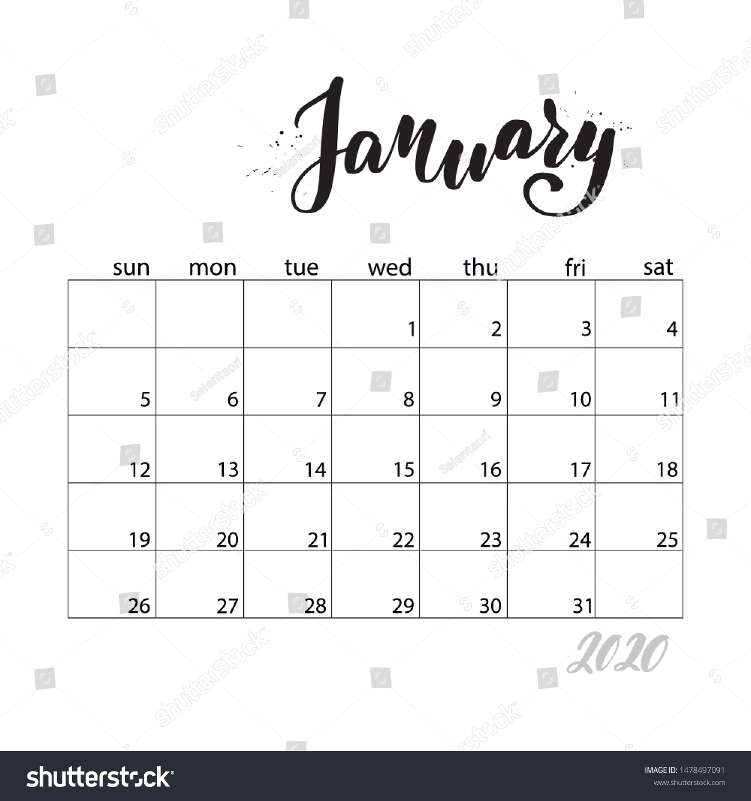 January Monthly Calendar 2020 Year Handwritten Stock Vector (Royalty ...